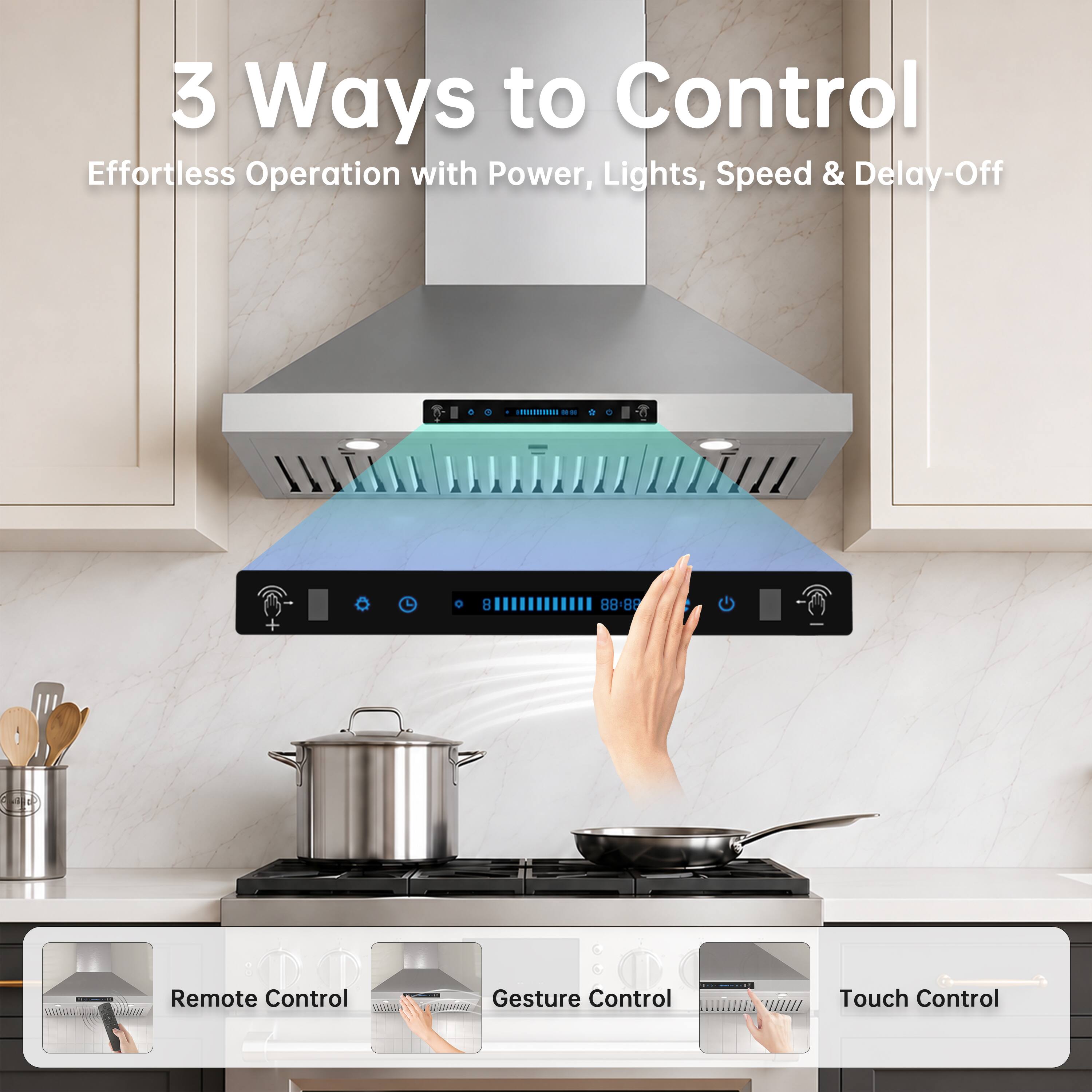 3 Ways to Control  
Effortless Operation with Power, Lights, Speed & Delay-Off

- Remote Control
- Gesture Control
- Touch Control