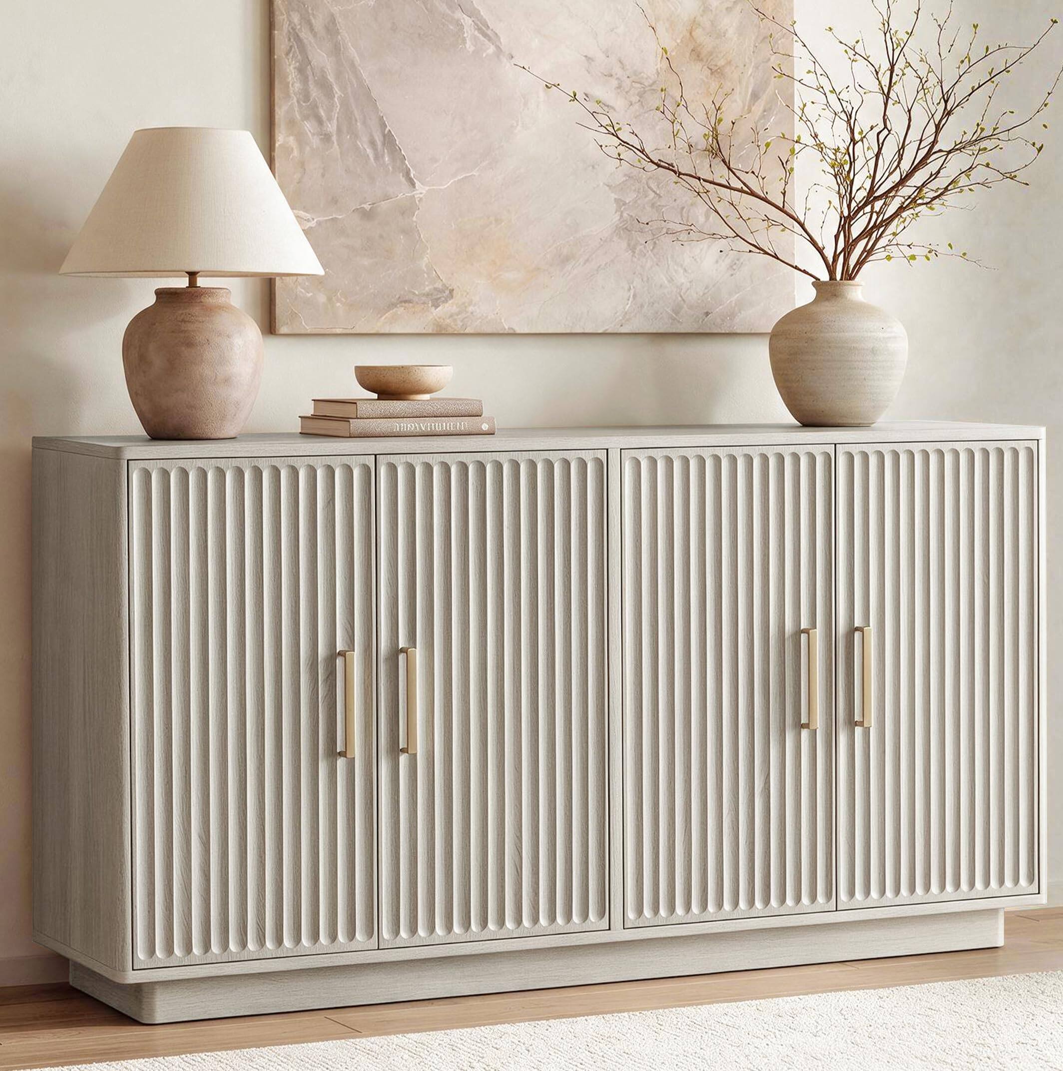 paproos - 55" Modern Fluted Sideboard Buffet Cabinet, Space-Saving Storage Credenza with Adjustable Shelves for Living Room - Beige Gray