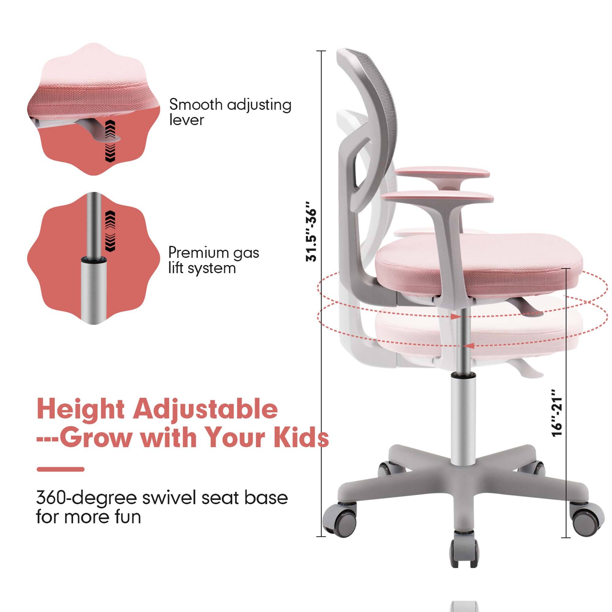 Smooth adjusting lever, Premium gas lift system, Height Adjustable --Grow with Your Kids, 31.5"-36", 16"-21", 360-degree swivel seat base for more fun