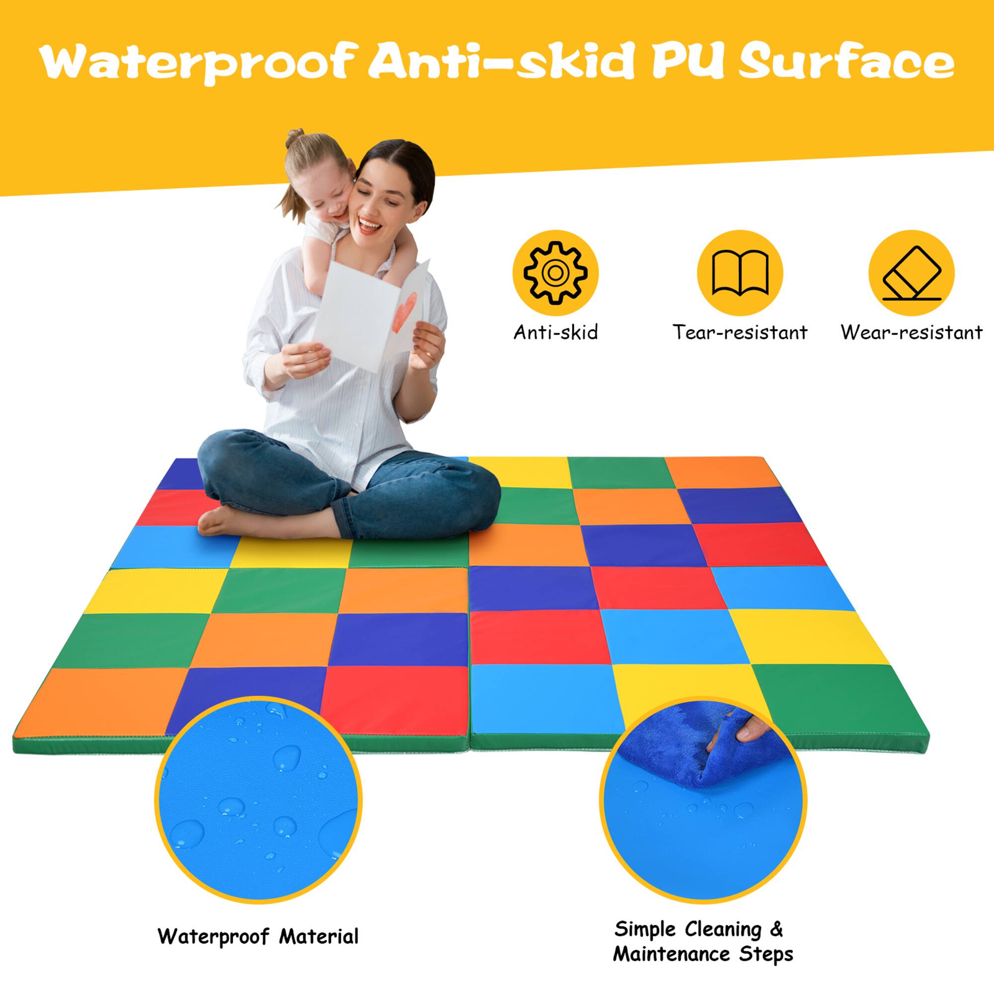 Waterproof Anti-skid PU Surface: This product is made of waterproof material and features an anti-skid surface to prevent slipping. It is also tear-resistant and wear-resistant, making it durable and long-lasting. The product is designed for simple cleaning and maintenance, with easy-to-follow steps for keeping it in good condition.