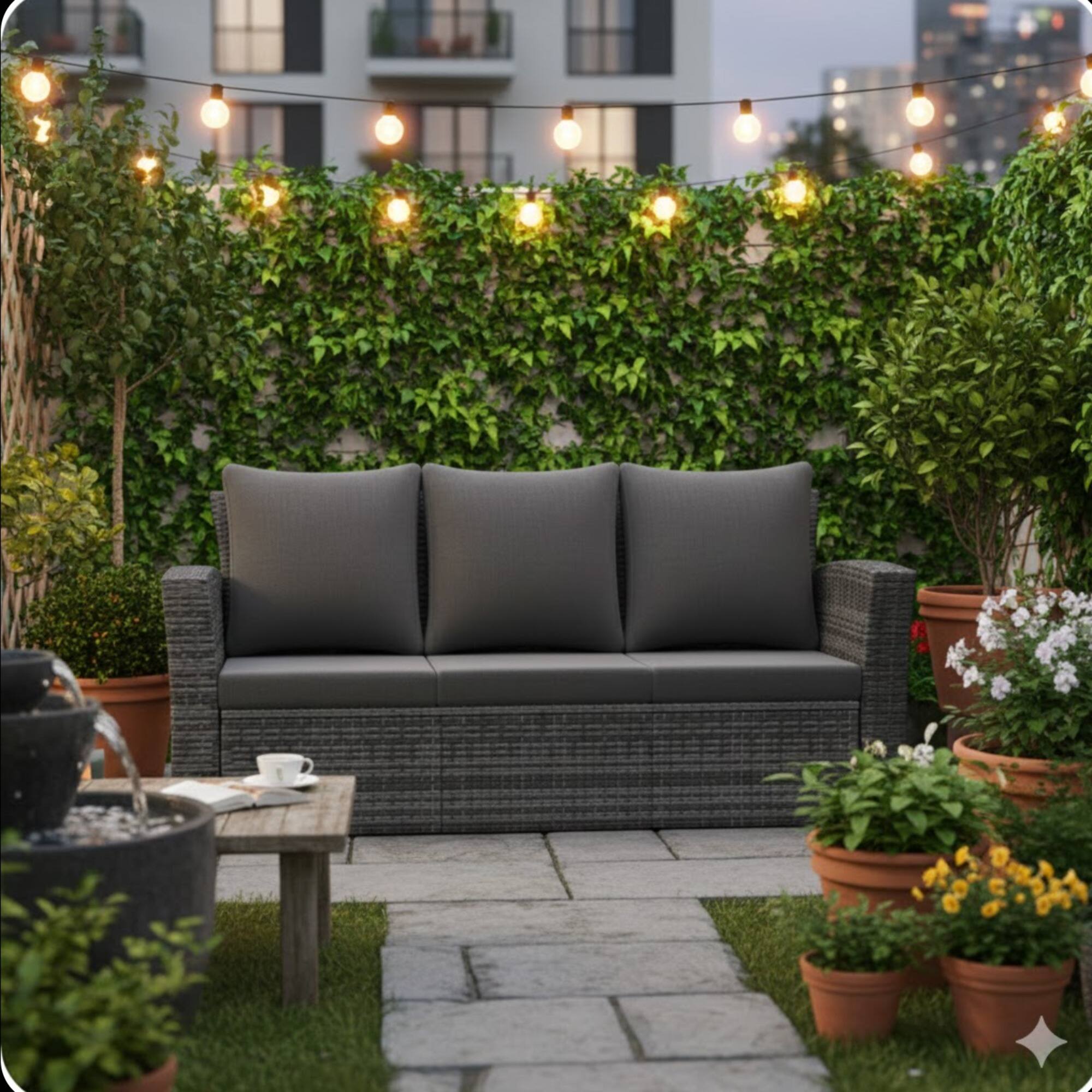 Left. Mondawe - 67.7" All-Weather Wicker 3-Seat Patio Sofa with Thick Cushions & Black Frame - Black.