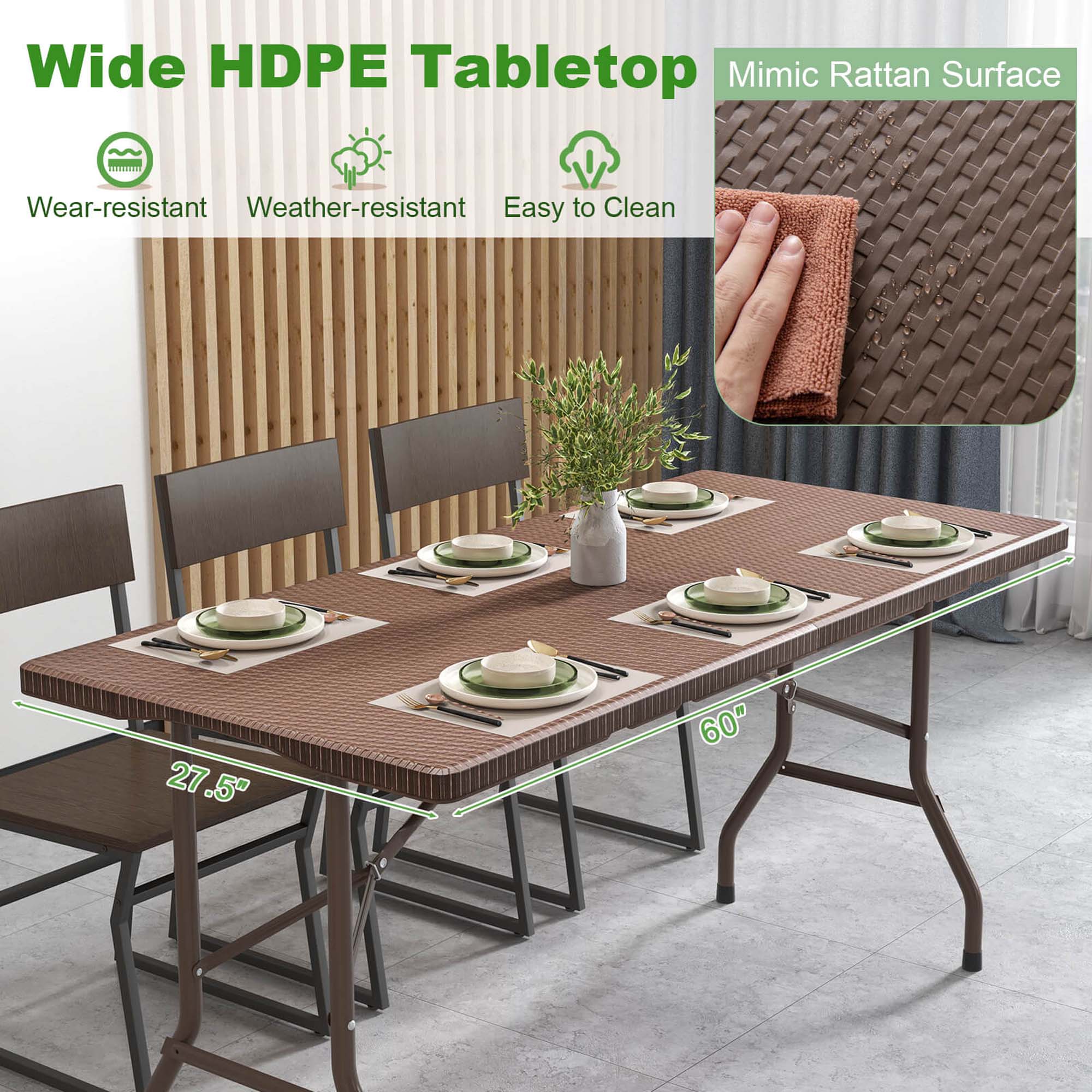 Wide HDPE Tabletop Mimic Rattan Surface Wear-resistant Weather-resistant Easy to Clean 27.5" 60"