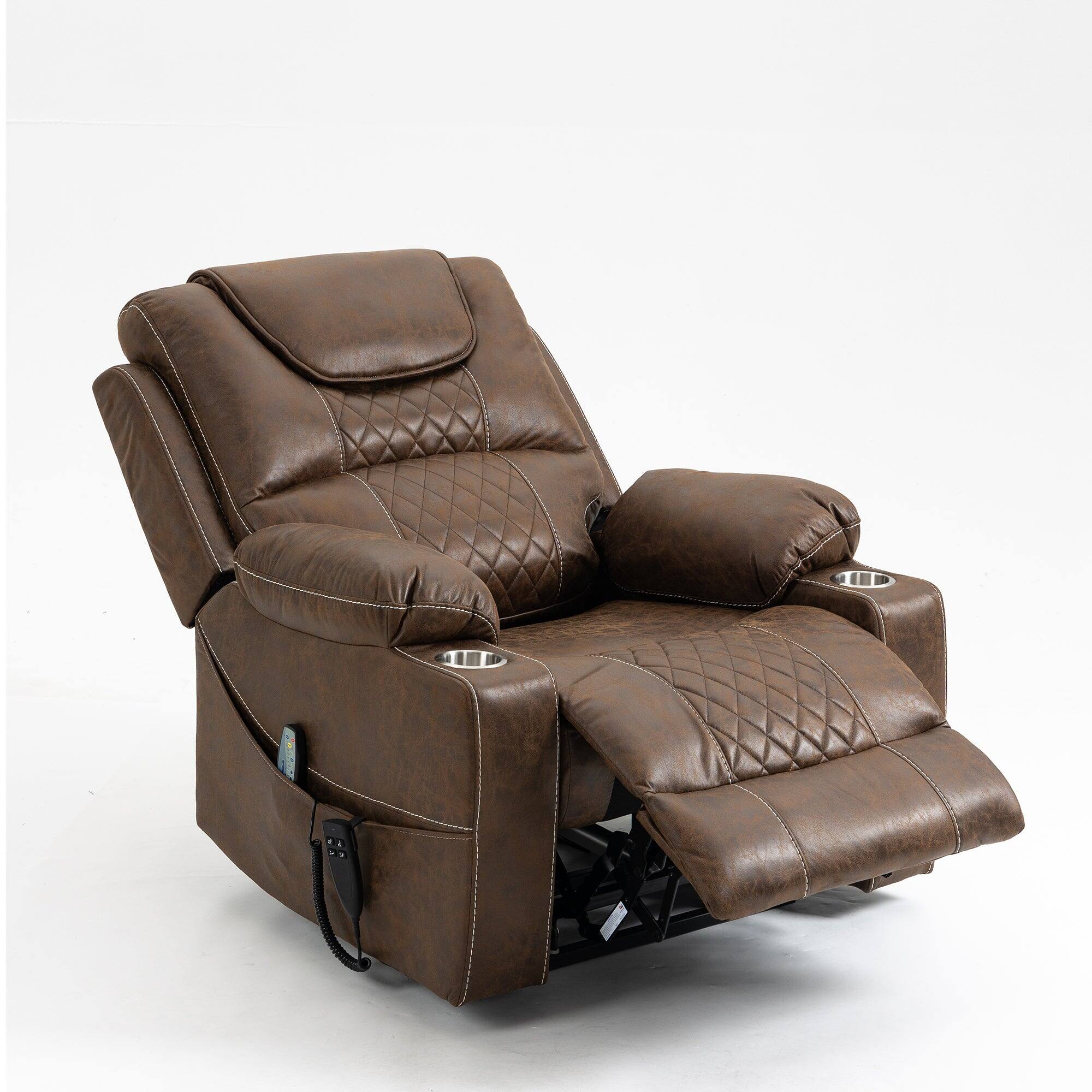 Alt View 1. Boyel Living - Oversized 180° Lay Flat Lift Recliner Dual OKIN Motor Massage Heating 400 lbs Capacity Cup Holder For Elderly - BROWN.