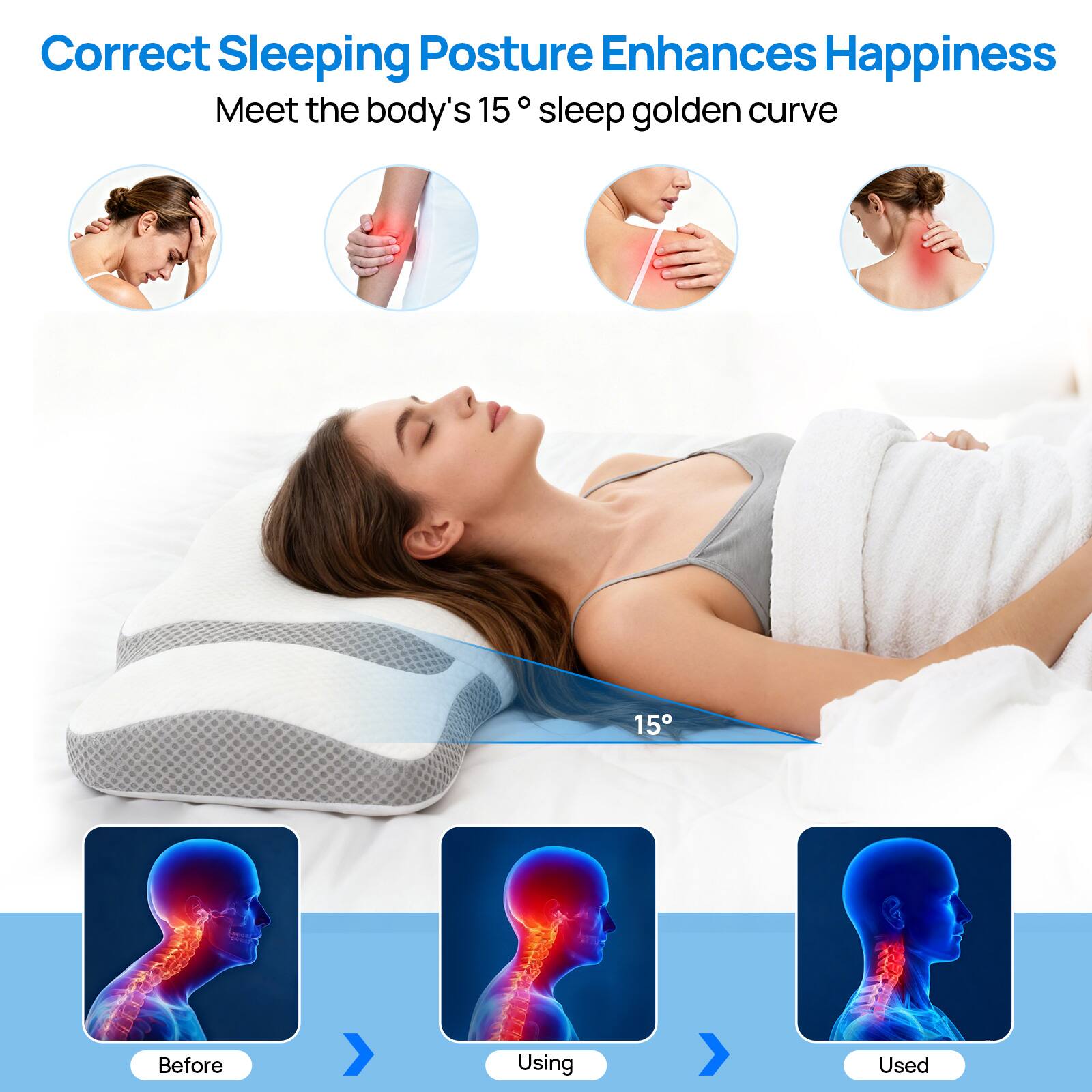 Correct Sleeping Posture Enhances Happiness  
Meet the body's 15° sleep golden curve  

Before  
Using  
Used