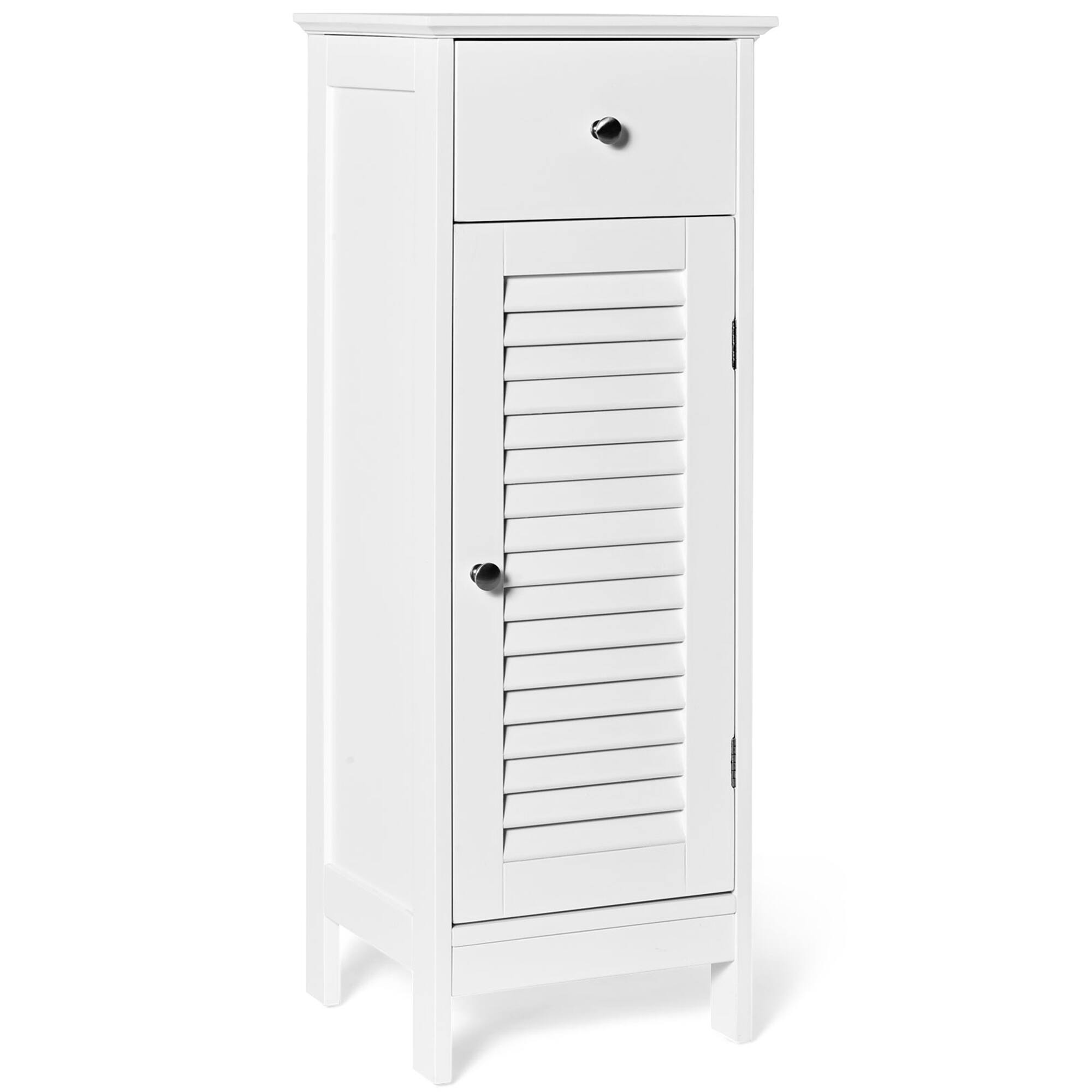 Front. Gymax - Gymax Bathroom Floor Storage Cabinet Side Wooden Organizer w/ Drawer & Shutter Door - White.