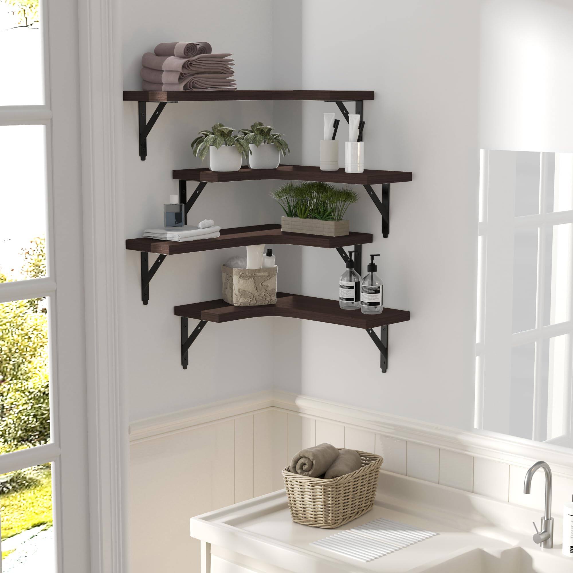Alt View 2. Dazzed Corner - Corner Floating Shelves Wall Mounted Set of 4 - Brown.