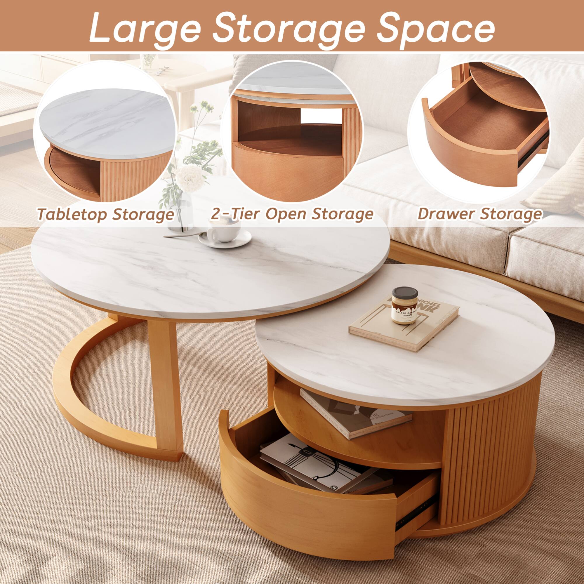 Large Storage Space

Tabletop Storage

2-Tier Open Storage

Drawer Storage