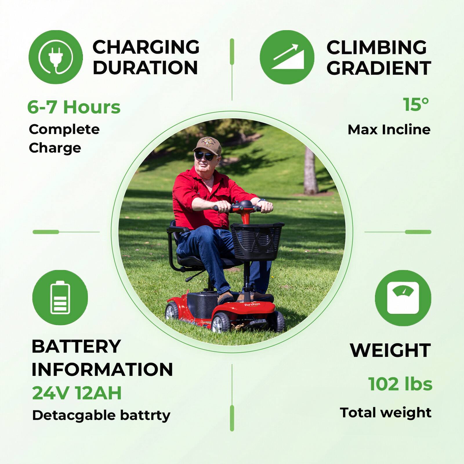 CHARGING DURATION  
6-7 Hours Complete Charge  

CLIMBING GRADIENT  
15° Max Incline  

BATTERY INFORMATION  
24V 12AH Detachable battery  

WEIGHT  
102 lbs Total weight