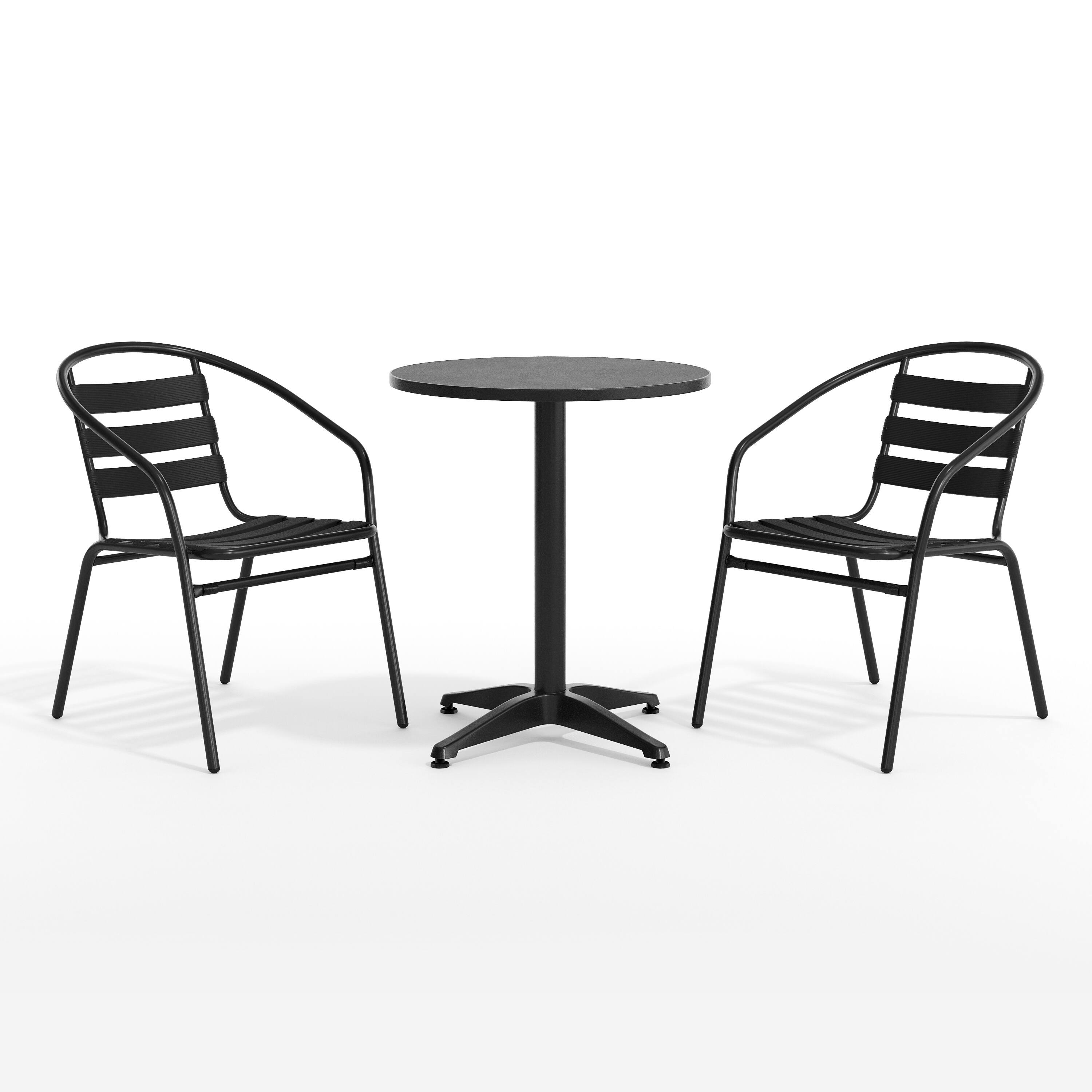 Angle. Flash Furniture - Lila 23.5'' Black Round Aluminum Indoor-Outdoor Table Set with 2 Black Slat Back Chairs - Black.