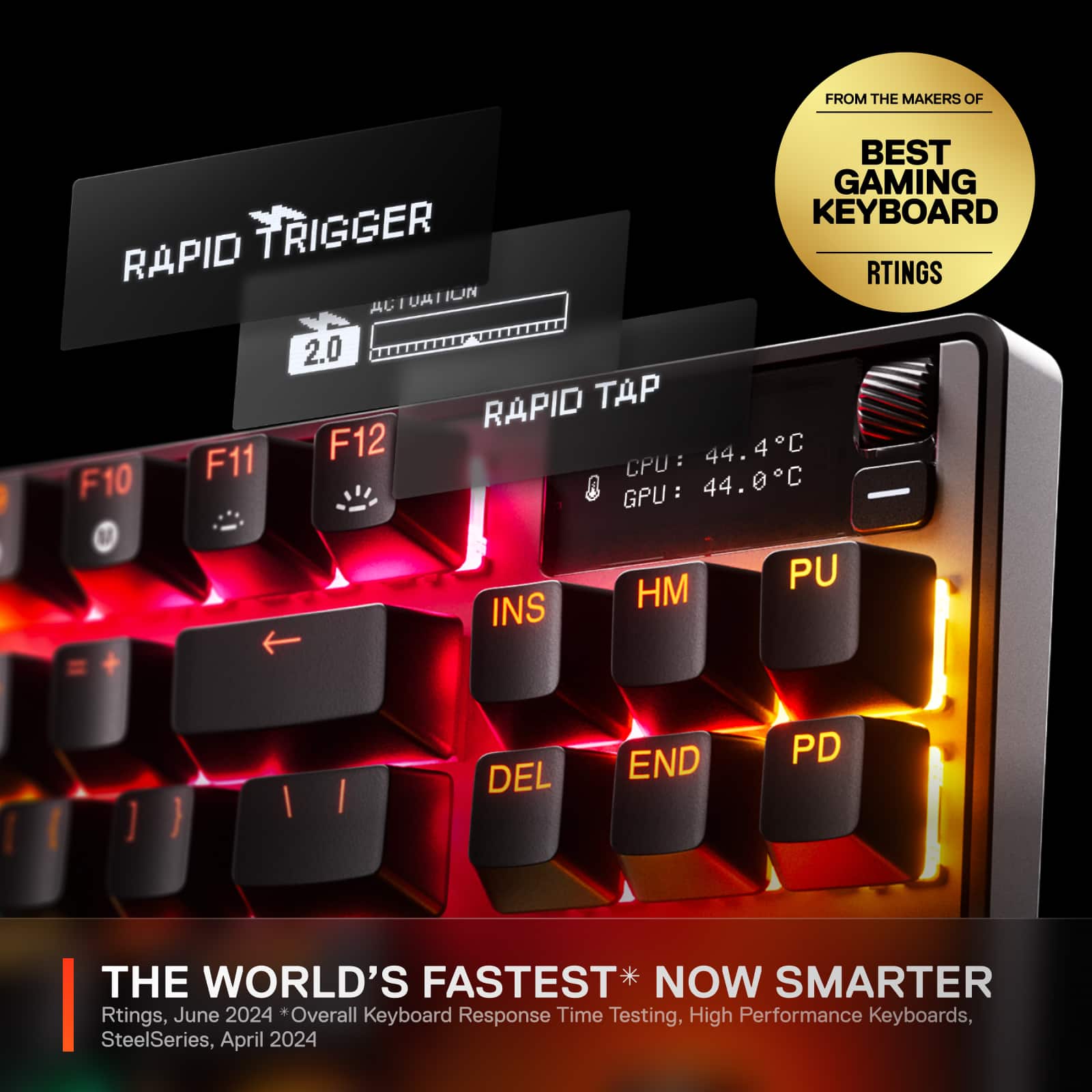The World's Fastest Keyboard Now Smarter. From the makers of Best Gaming Keyboard, Rapid Trigger RTings. Actuation: 2.0. Rapid F11 F12: 44.4C CPU: 44.0C GPU: 44.0C. INS HM PU DEL END PD. Rtings, June 2024. Overall Keyboard Response Time Testing, High Performance Keyboards, SteelSeries, April 2024.
