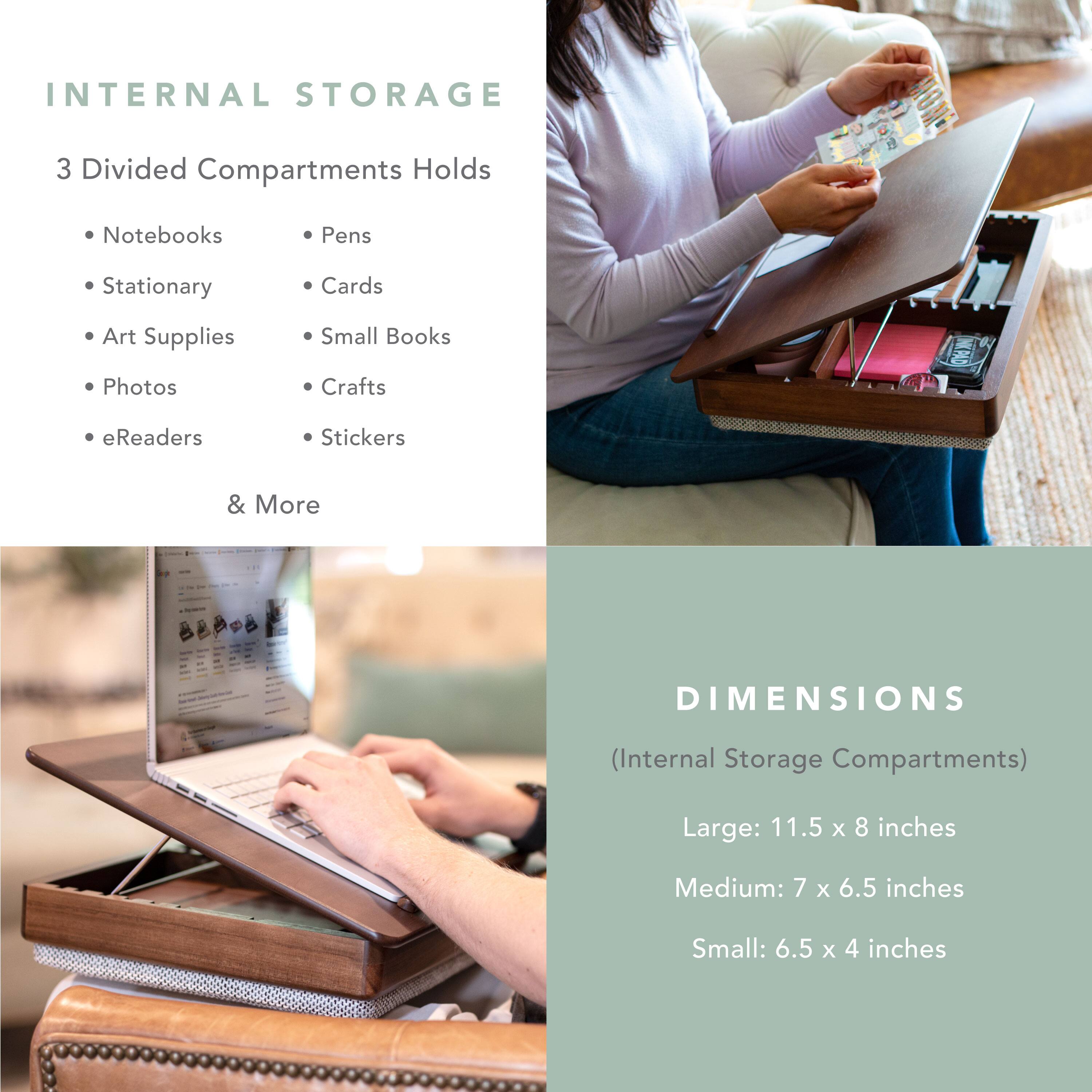 The text on the image reads: "Internal Storage 3 Divided Compartments Holds Notebooks Pens Stationary Cards Art Supplies Small Books Photos Crafts eReaders Stickers & More Dimensions (Internal Storage Compartments) Large: 11.5 X 8 inches Medium: 7 x 6.5 inches Small: 6.5 X 4 inches."