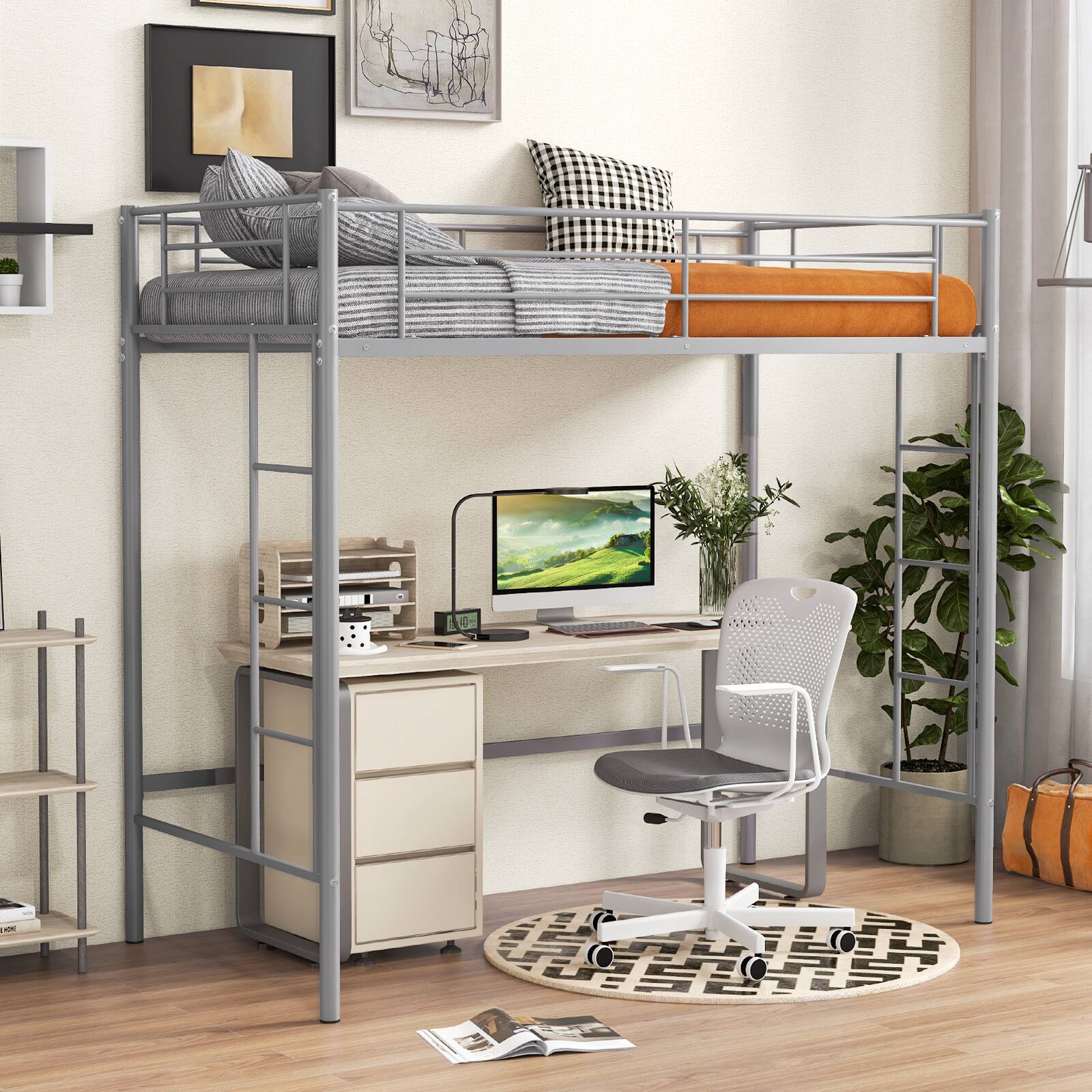 Alt View 1. Costway - Twin Size Loft Bed Heavy Duty Metal Loft Bed Frame with Safety Guardrail - Silver.