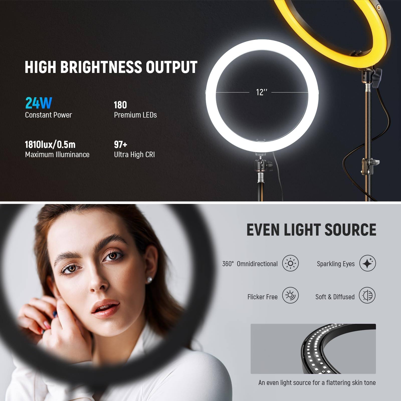 HIGH BRIGHTNESS OUTPUT  
24W Constant Power  
180 Premium LEDs  
12"  
1810lux/0.5m Maximum Illuminance  
97+ Ultra High CRI  

EVEN LIGHT SOURCE  
360° Omnidirectional  
Sparkling Eyes  
Flicker Free  
Soft & Diffused  

An even light source for a flattering skin tone