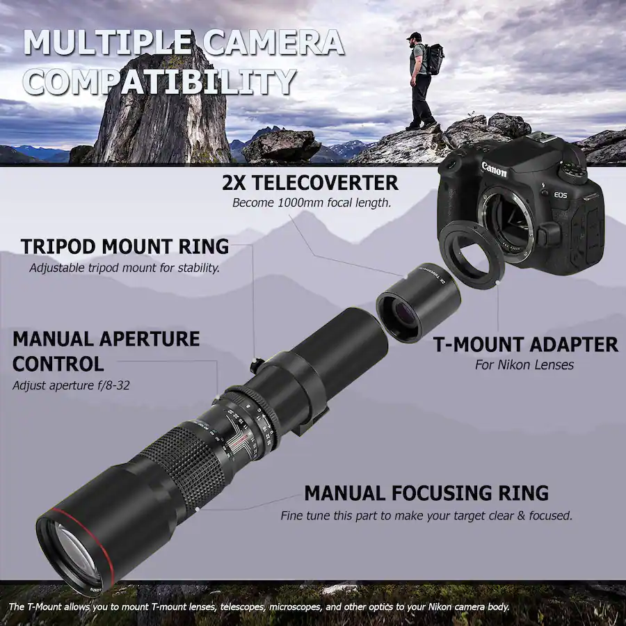Bower 500mm/1000mm f/8 Manual Super Telephoto Lens for Nikon D7500 ...