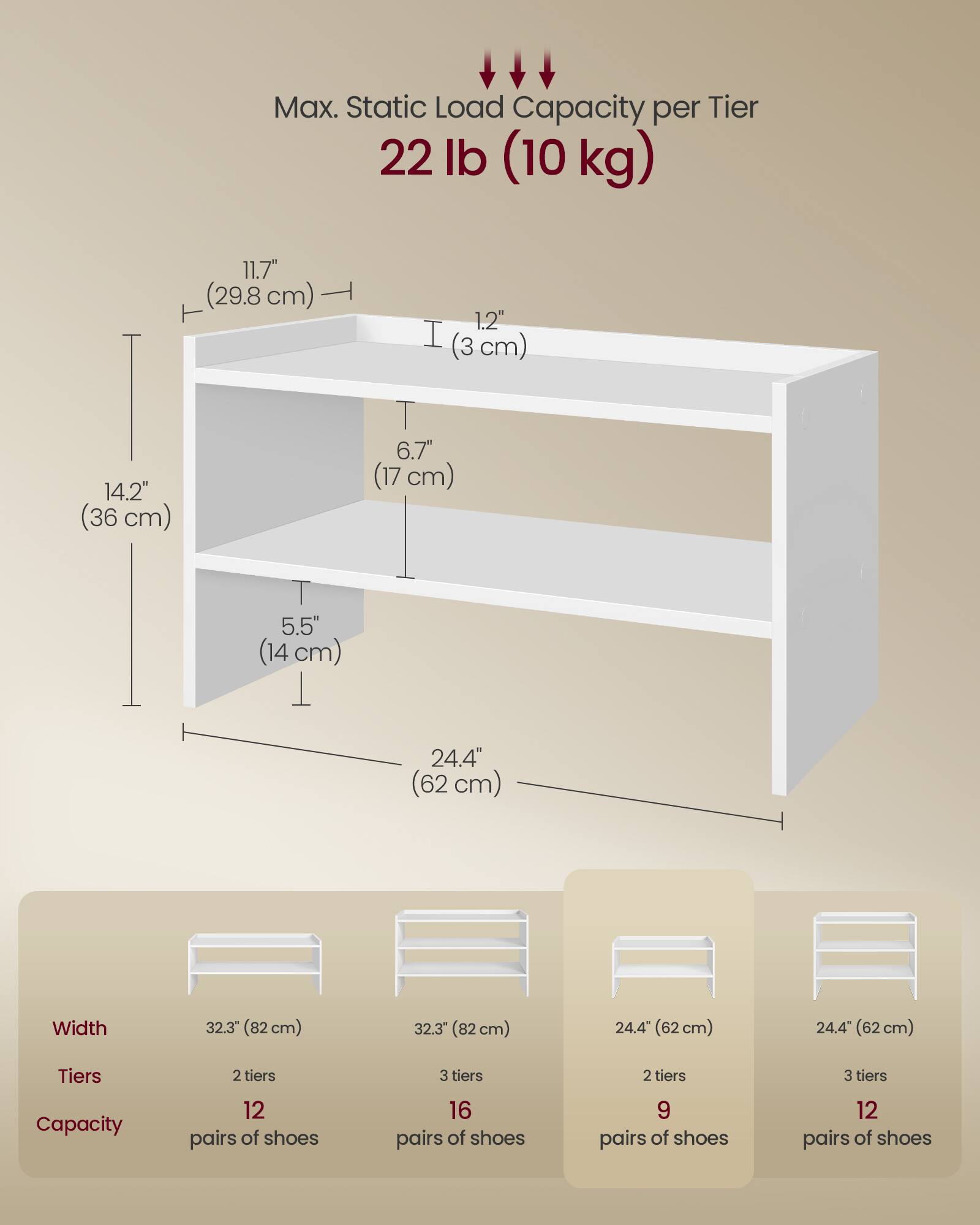 Max. Static Load Capacity per Tier: 22 lb (10 kg)

Dimensions:
- Height: 11.7" (29.8 cm)
- Shelf Depth: 1.2" (3 cm)
- Shelf Height: 6.7" (17 cm)
- Shelf Spacing: 5.5" (14 cm)
- Width: 24.4" (62 cm)

Tiers and Capacity:
- 2 tiers: 12 pairs of shoes
- 3 tiers: 16 pairs of shoes

Width Options:
- 32.3" (82 cm): 2 tiers - 12 pairs of shoes, 3 tiers - 16 pairs of shoes
- 24.4" (62 cm): 2 tiers - 9 pairs of shoes, 3 tiers - 12 pairs of shoes