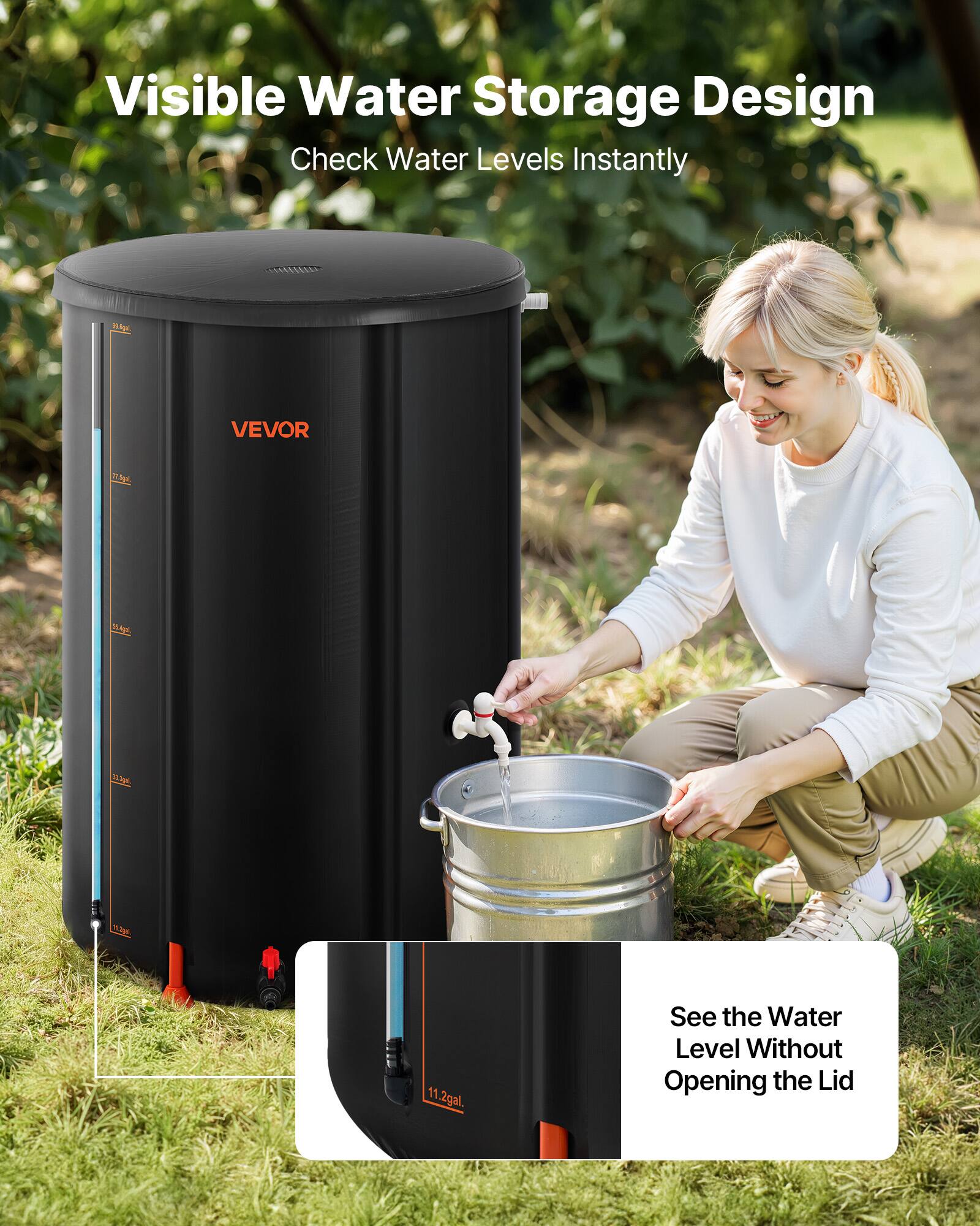 Visible Water Storage Design  
Check Water Levels Instantly  

VEVOR  

1 11.2gal.  
See the Water Level Without Opening the Lid