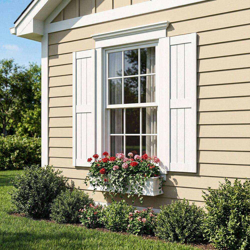 Alt View 2. Kadyn - Vertical Grain Faux Shutters, Weather-Resistant Elegance, for Enhanced Curb Appeal, 14"x43", White - White.