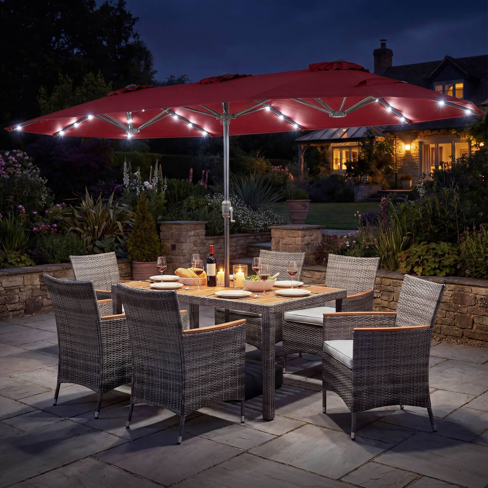 Alt View 1. Costway - Costway 8 PCS Outdoor Wicker Dining Furniture & Double-Sided Umbrella with Solar LED Lights - Wine + Mix Gray.