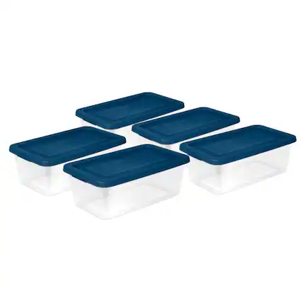 Front. Sterilite - Sterilite 6 Qt Storage Boxes, Clear Plastic Containers with Lid, Set of 5, Blue - Marine Blue.