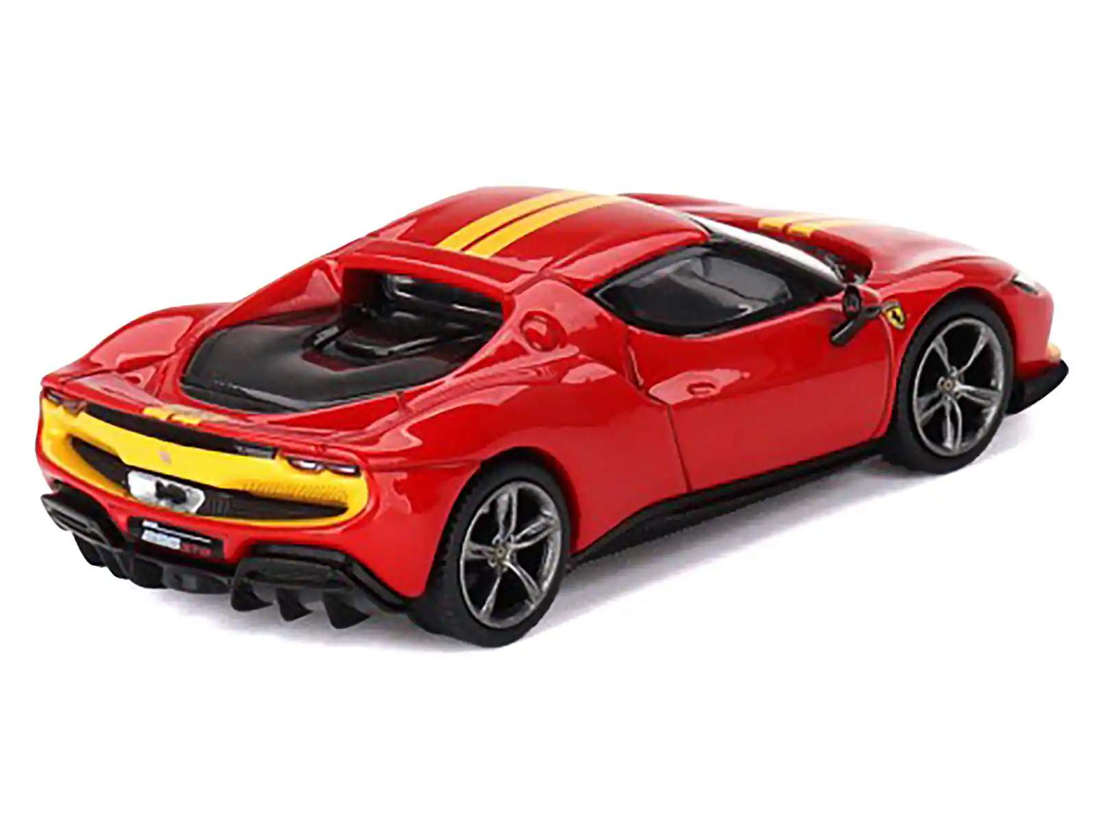 Left. BBR - Ferrari 296 GTB Assetto Fiorano Rosso Corsa Red with Yellow Stripes 1/64 Diecast Model Car by BBR - Red and Yellow.