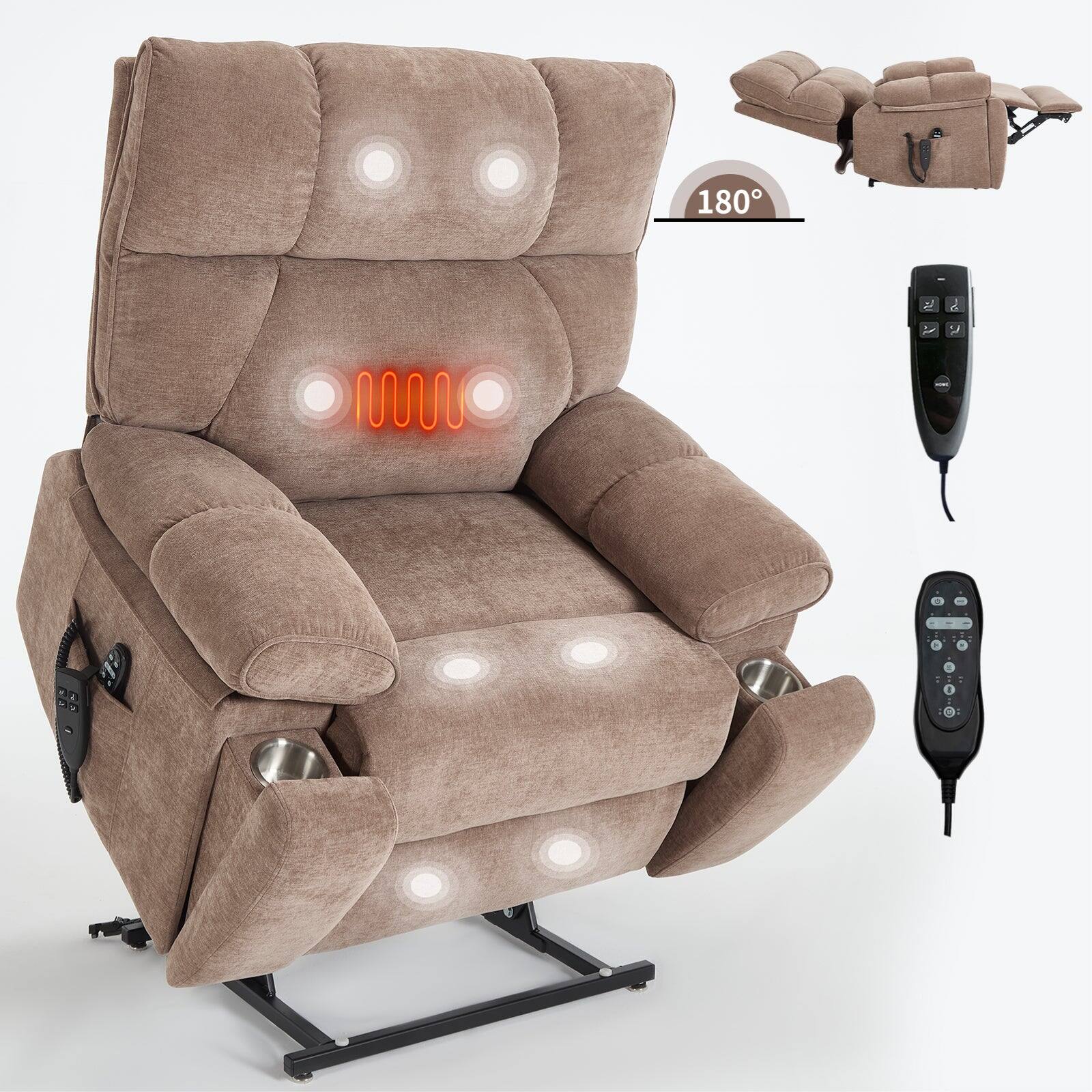 Boyel Living - Heat Massage Dual Motor Infinite Position Up to 350 LBS Large Electric Power Lift Recliners - Brown