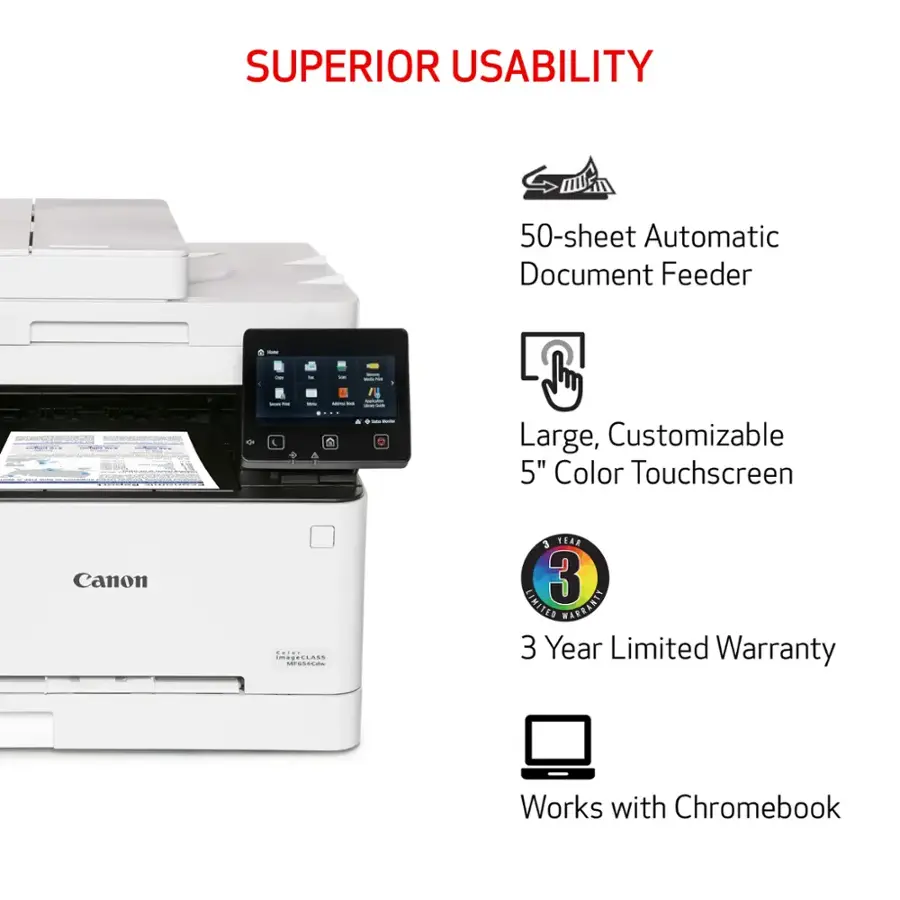 The text on the image can be grouped and corrected as follows:

Superior Usability:

* 50-sheet Automatic Document Feeder
* Large, Customizable 5" Color Touchscreen
* Canon Color Printer
* 3 Year Limited Warranty
* Works with Chromebook

This information highlights the key features and benefits of the Canon printer, emphasizing its superior usability and compatibility with Chromebooks. The 50-sheet Automatic Document Feeder and the large, customizable 5" Color Touchscreen provide convenience and ease of use for the user. Additionally, the 3 Year Limited Warranty offers peace of mind and assurance of the product's quality.