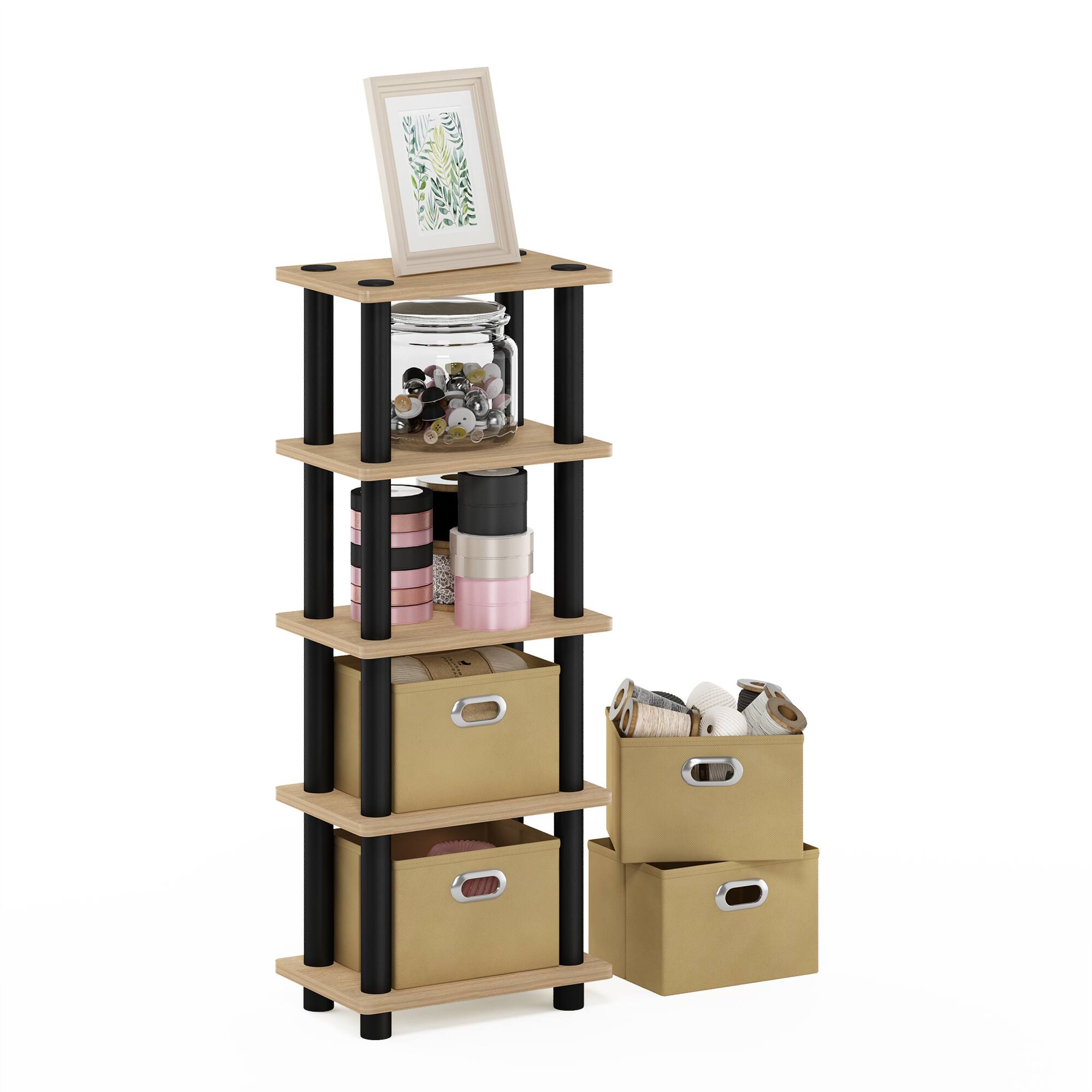 Alt View 5. Furinno - Turn-N-Tube 4-Bins System Rack, Oak - Oak/Black/Light Brown.