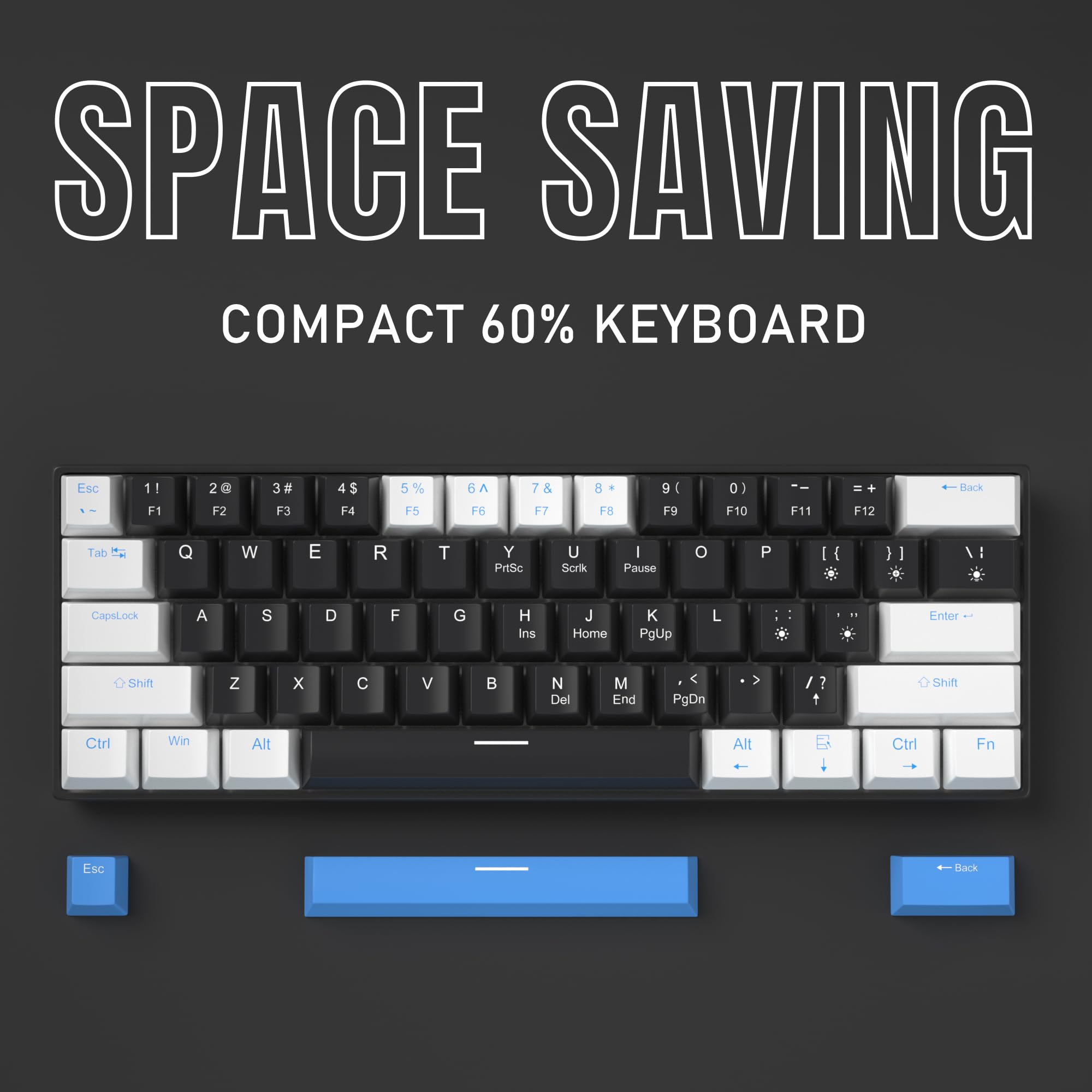 SPACE SAVING COMPACT 60% KEYBOARD

Esc 1! 2@ 3# 4$ 5% 6^ 7^ 8* 9( 0) - = Back

Tab Q W E R T Y U I O P { } \

CapsLock A S D F G H J K L Enter

Shift Z X C V B N M , < > / Shift

Ctrl Win Alt Alt Ctrl Fn

Esc