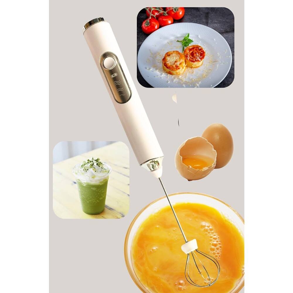 Angle. ACJPR - Rechargeable Milk Frother Handheld, 3-Speed Electric Foam Maker with 2 Stainless Steel Whisks for Coffee & Latte - White.