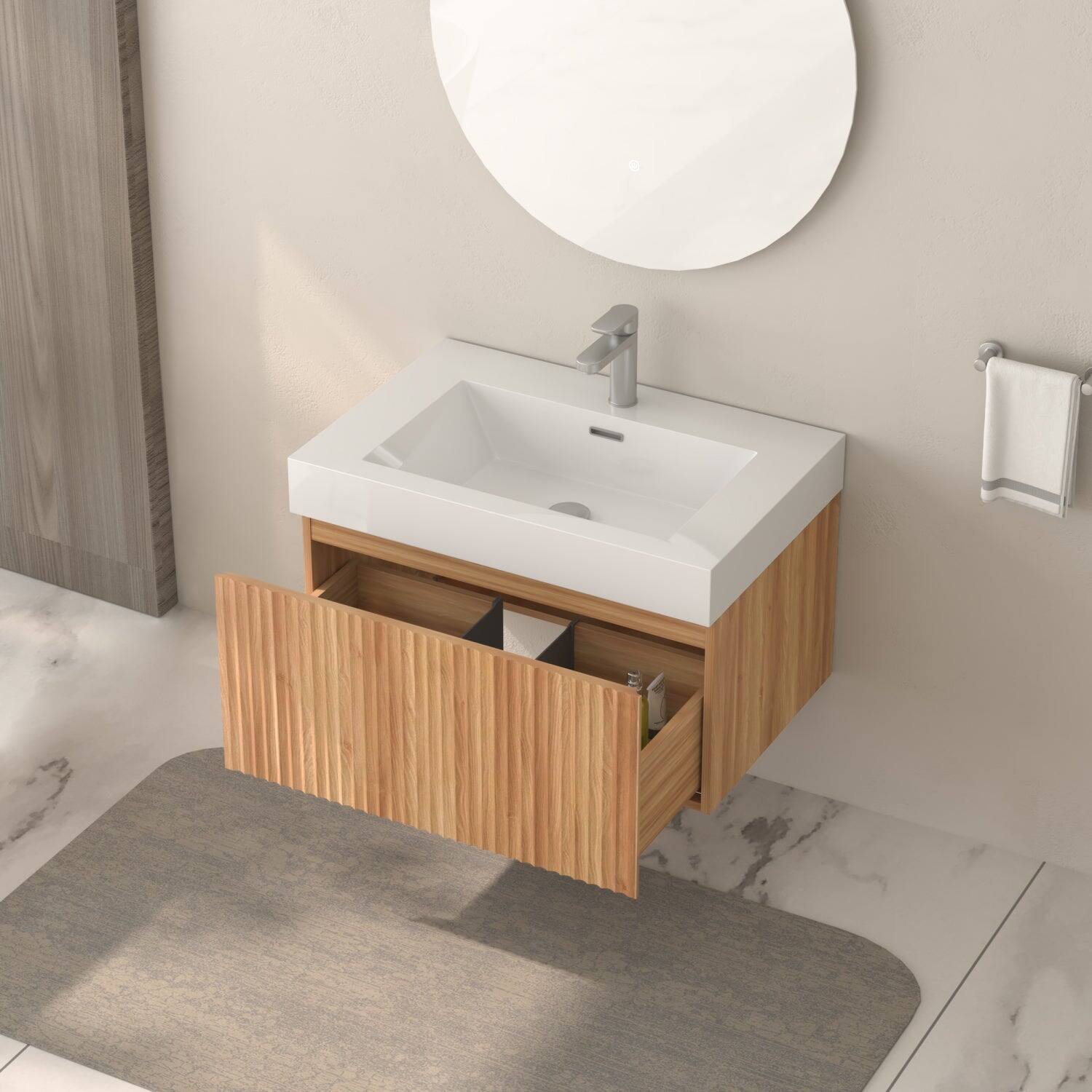 Alt View 6. Boyel Living - 30 in Wall-Mounted Bathroom Vanity with Integrated Basin Plywood Cabinet Modern Minimalist Floating Design Acacia Finish - Acacia.