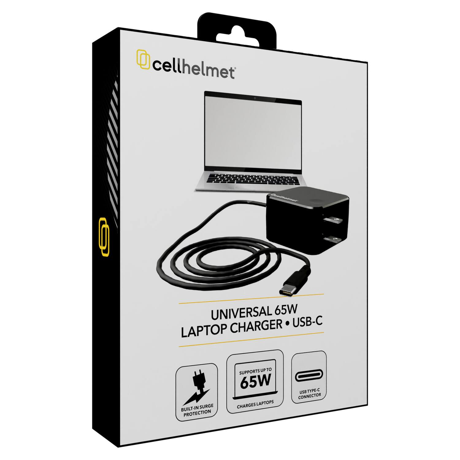 cellhelmet  
UNIVERSAL 65W LAPTOP CHARGER • USB-C  
SUPPORTS UP TO 65W  
CHARGES LAPTOPS  
BUILT-IN SURGE PROTECTION  
USB TYPE-C CONNECTION