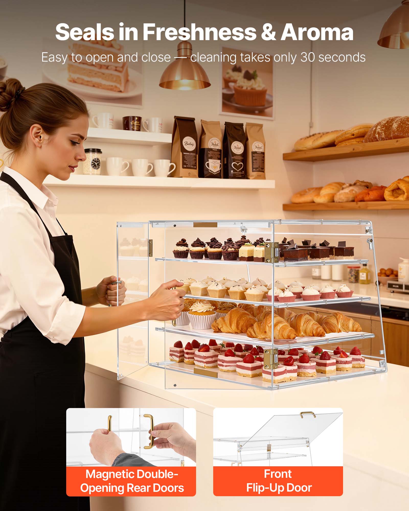 Seals in Freshness & Aroma  
Easy to open and close - cleaning takes only 30 seconds  

Baley  
Magnetic Double-Opening Rear Doors  
Front Flip-Up Door