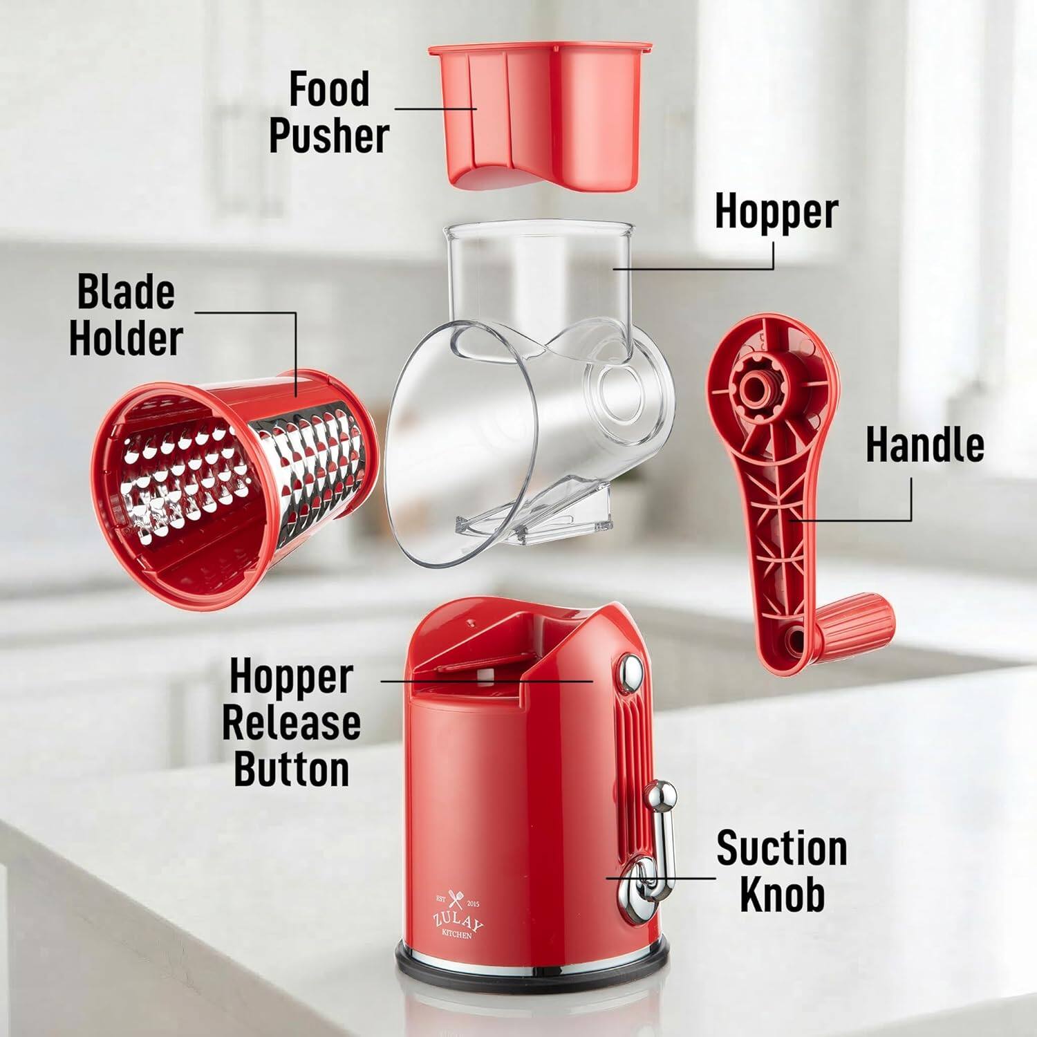 Blade Holder, Food Pusher, Hopper, Handle, Hopper Release Button, Suction Knob