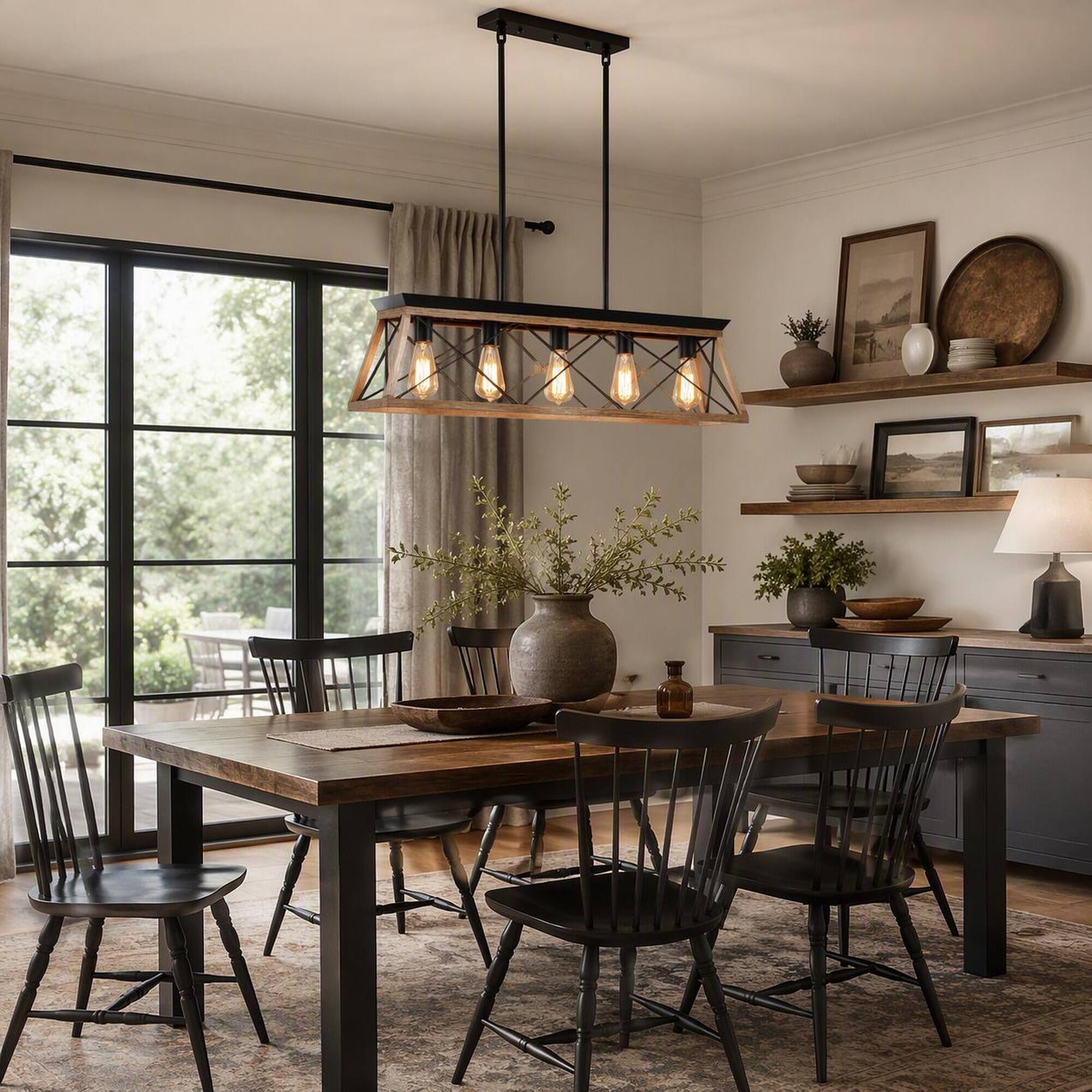 Back. RYHNUYNE - 32-Inch Oak Finish Industrial 5-Light Pendant Chandelier, Modern Cage Metal Shade, Adjustable Height for Dining Room.