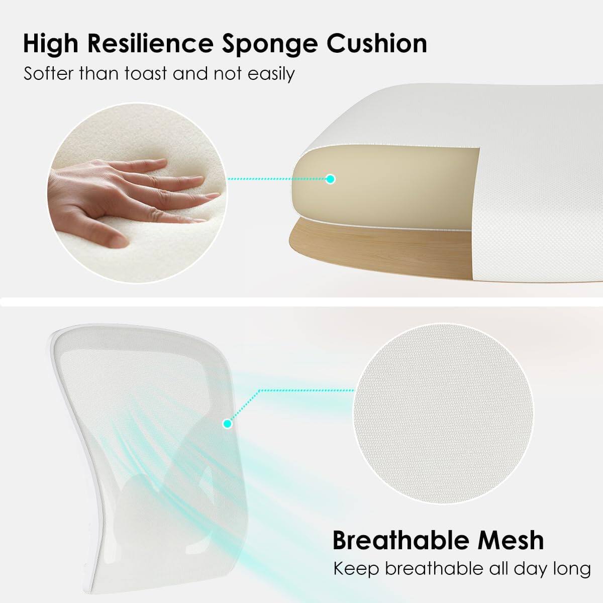 High Resilience Sponge Cushion  
Softer than toast and not easily compressed  

Breathable Mesh  
Keep breathable all day long