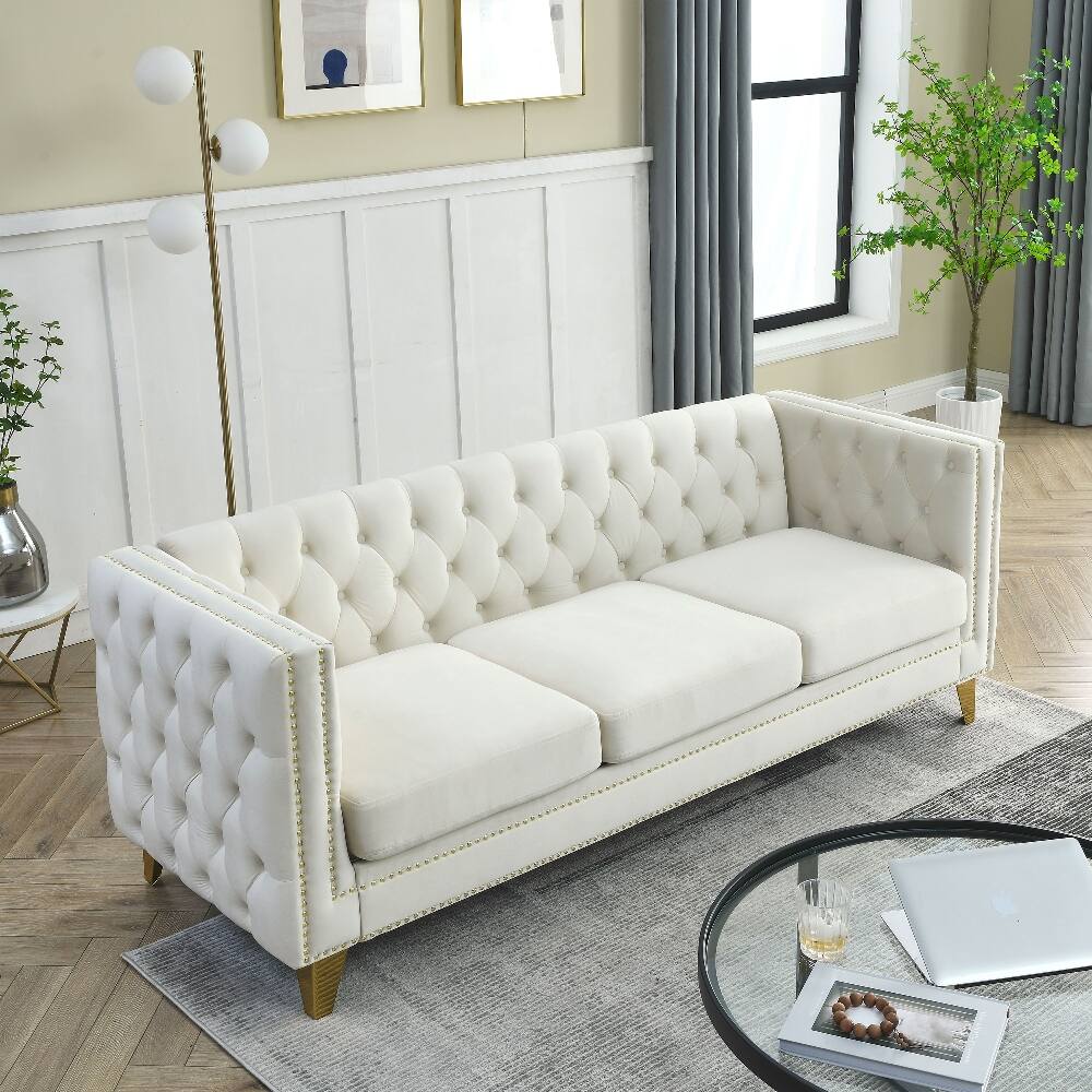 Angle. Loheer - Loheer Beige Velvet Sofa, 3-Seat Chesterfield Couch with Button Tufted Square Arms and Metal Legs for Modern Living Room - Beige.