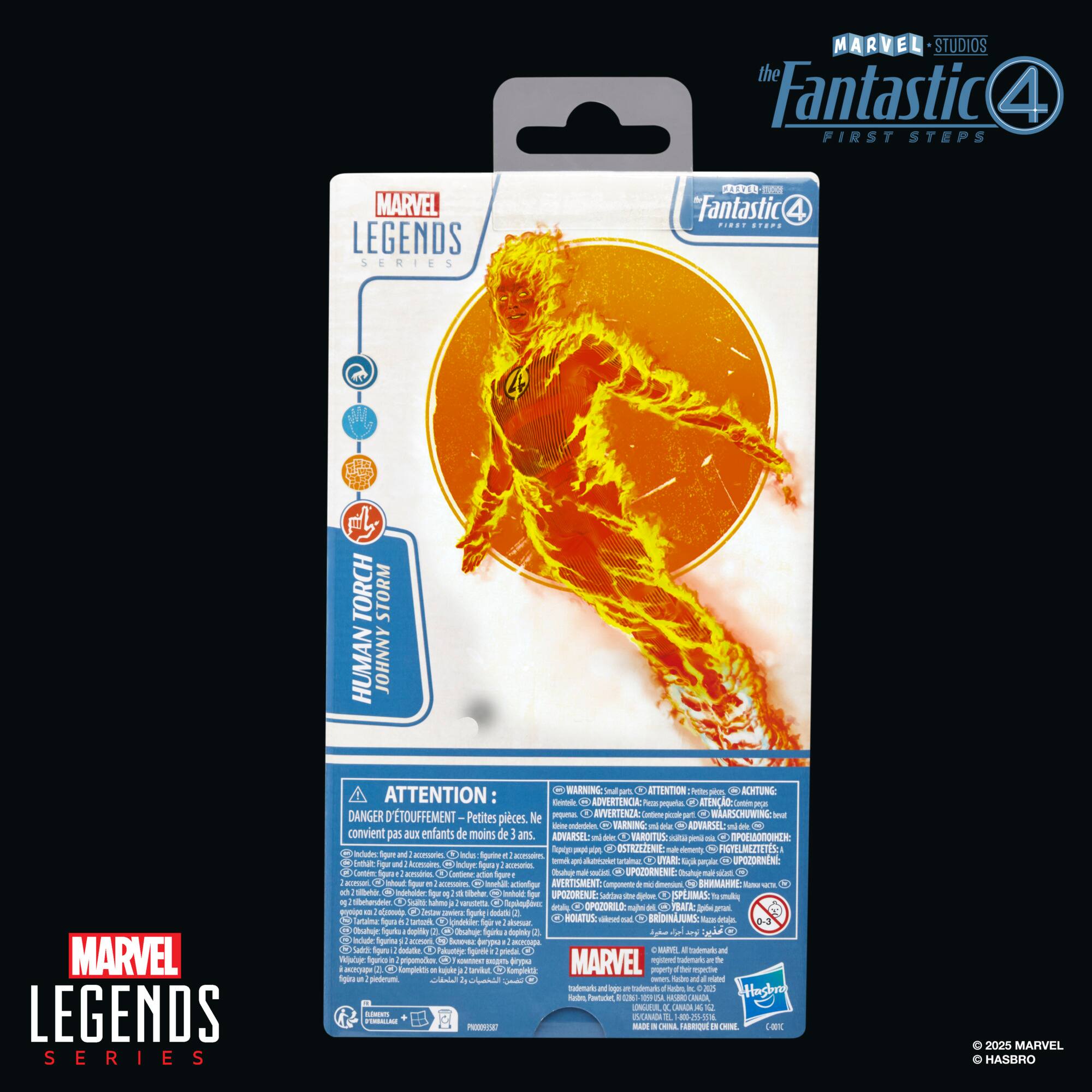 The image features a Marvel Legends Series action figure of the Fantastic Four's Torch. The packaging is blue and yellow, with a picture of the action figure on the front. The packaging also includes a warning to parents, advising them to not let their children play with the small parts. The figure is designed for ages 4 and up, and it is part of the Marvel Legends Series.