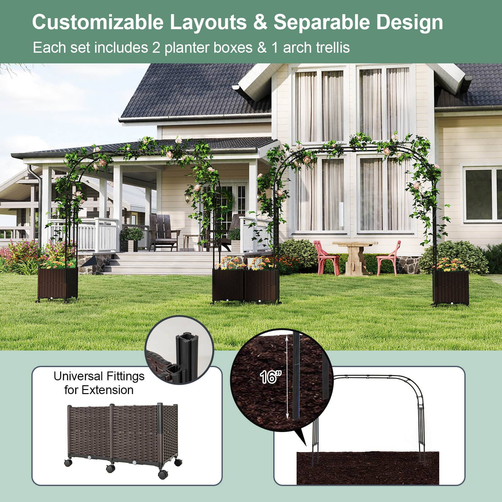 Customizable Layouts & Separable Design  
Each set includes 2 planter boxes & 1 arch trellis  

Universal Fittings for Extension  

16"