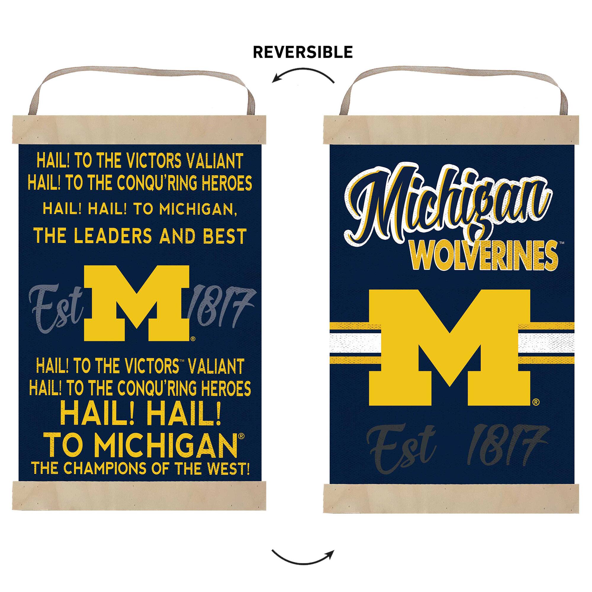 HAIL! TO THE VICTORS VALIANT  
HAIL! TO THE CONQU'RING HEROES  
HAIL! HAIL! TO MICHIGAN,  
THE LEADERS AND BEST  

Est M 1817  

HAIL! TO THE VICTORS VALIANT  
HAIL! TO THE CONQU'RING HEROES  
HAIL! HAIL! TO MICHIGAN  
THE CHAMPIONS OF THE WEST!  

Michigan WOLVERINES  
Est 1817