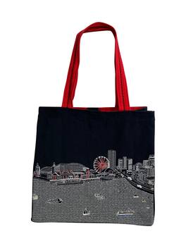 Beyond Cushions - Chicago Illinois Night Skyline Embroidered Cotton Canvas Tote Bag - Black