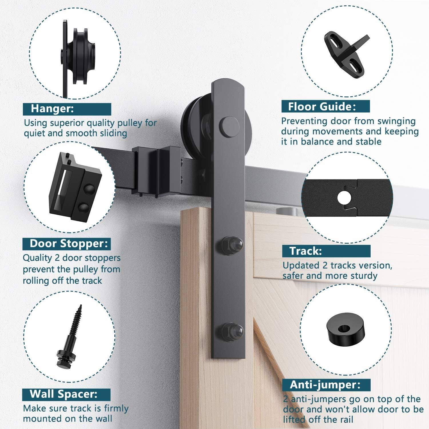 Hanger: Using superior quality pulley for quiet and smooth sliding  
Floor Guide: Preventing door from swinging during movements and keeping it in balance and stable  
Door Stopper: Quality 2 door stoppers prevent the pulley from rolling off the track  
Track: Updated 2 tracks version, safer and more sturdy  
Wall Spacer: Make sure track is firmly mounted on the wall  
Anti-jumper: 2 anti-jumpers go on top of the door and won't allow door to be lifted off the rail