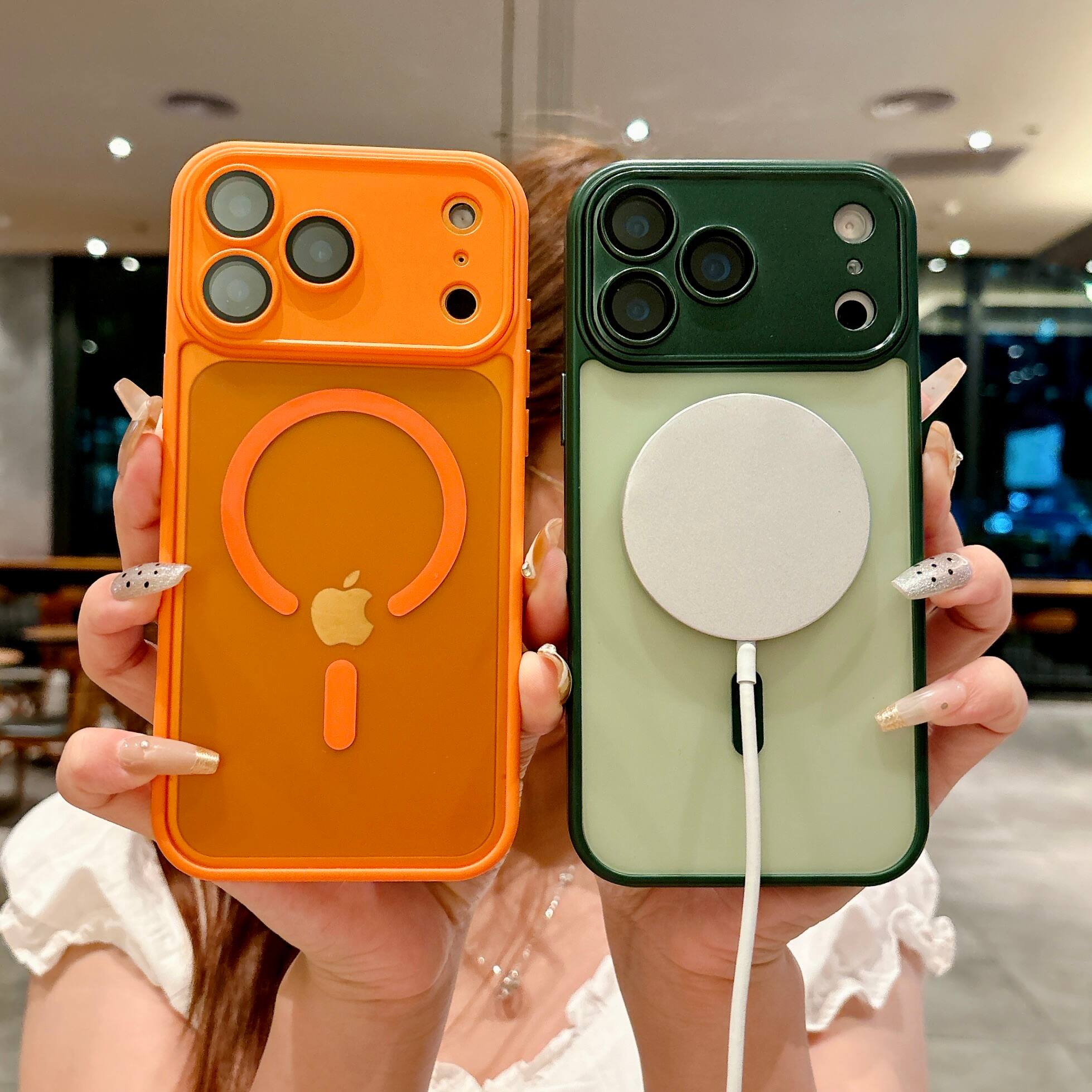 Left. UUCOVER - For Apple iPhone 17 Pro Max Magnetic Case with Built-in Camera Lens Protector Cover, Compatible with MagSafe Matte Cover - Orange.