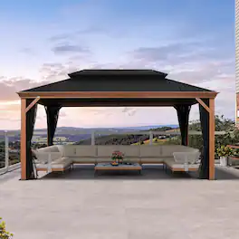 PURPLE LEAF - Hardtop Outdoor Wood Grain Aluminum Gazebo with Double Roof for Patio Lawn and Garden, Netting Included - 10' X 16'