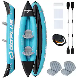 GOPLUS - Inflatable Kayak 2 Person,Heavy Duty Tandem Touring Kayak with Aluminum Paddles,Fin - Blue + Black
