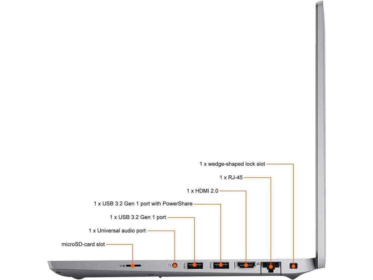 1 x wedge-shaped lock slot  
1 x RJ-45  
1 x HDMI 2.0  
1 x USB 3.2 Gen 1 port with PowerShare  
1 x USB 3.2 Gen 1 port  
1 x Universal audio port  
microSD-card slot