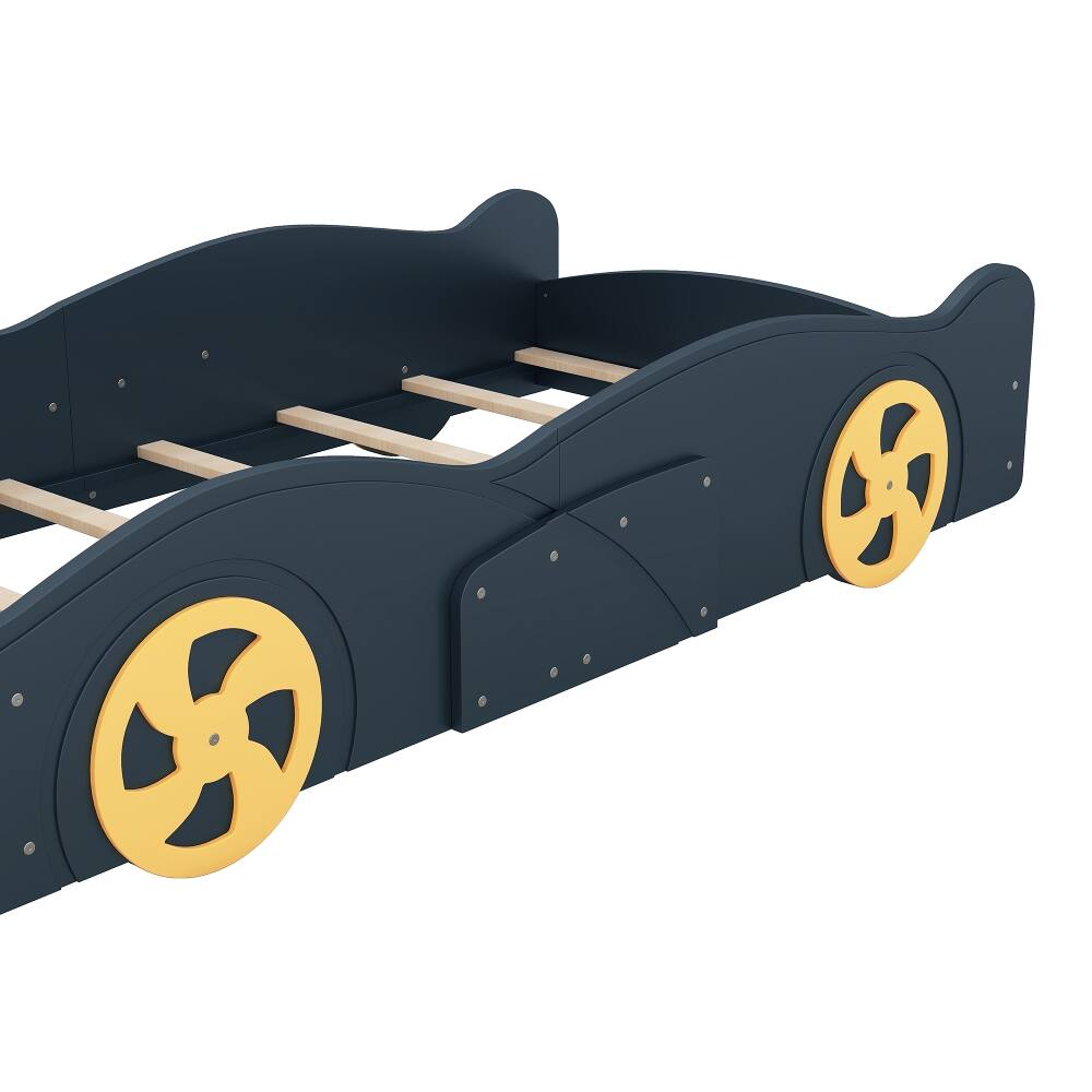 Alt View 7. Loheer - Loheer Twin Race Car Bed with Storage, Dark Blue Yellow Kids Bed - Dark Blue+Yellow.