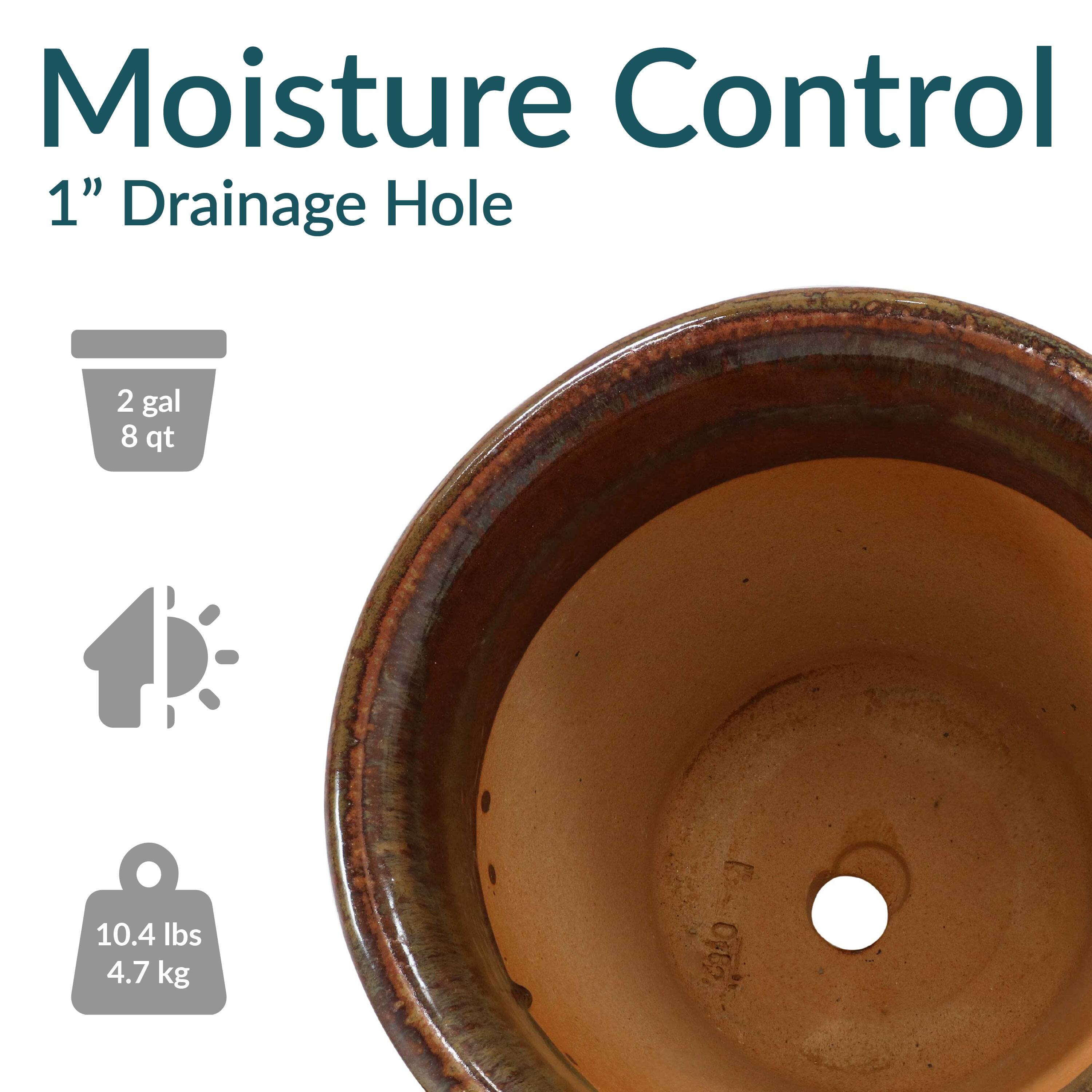 Moisture Control  
1" Drainage Hole  

2 gal  
8 qt  

10.4 lbs  
4.7 kg