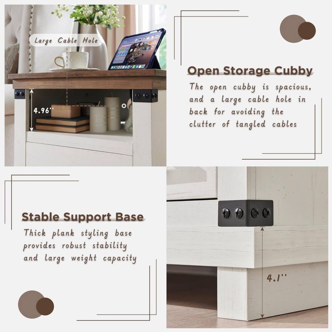 Large Cable Hole  
4.96"  

Open Storage Cubby  
The open cubby is spacious, and a large cable hole in back for avoiding the clutter of tangled cables  

Stable Support Base  
Thick plank styling base provides robust stability and large weight capacity  
4.1"