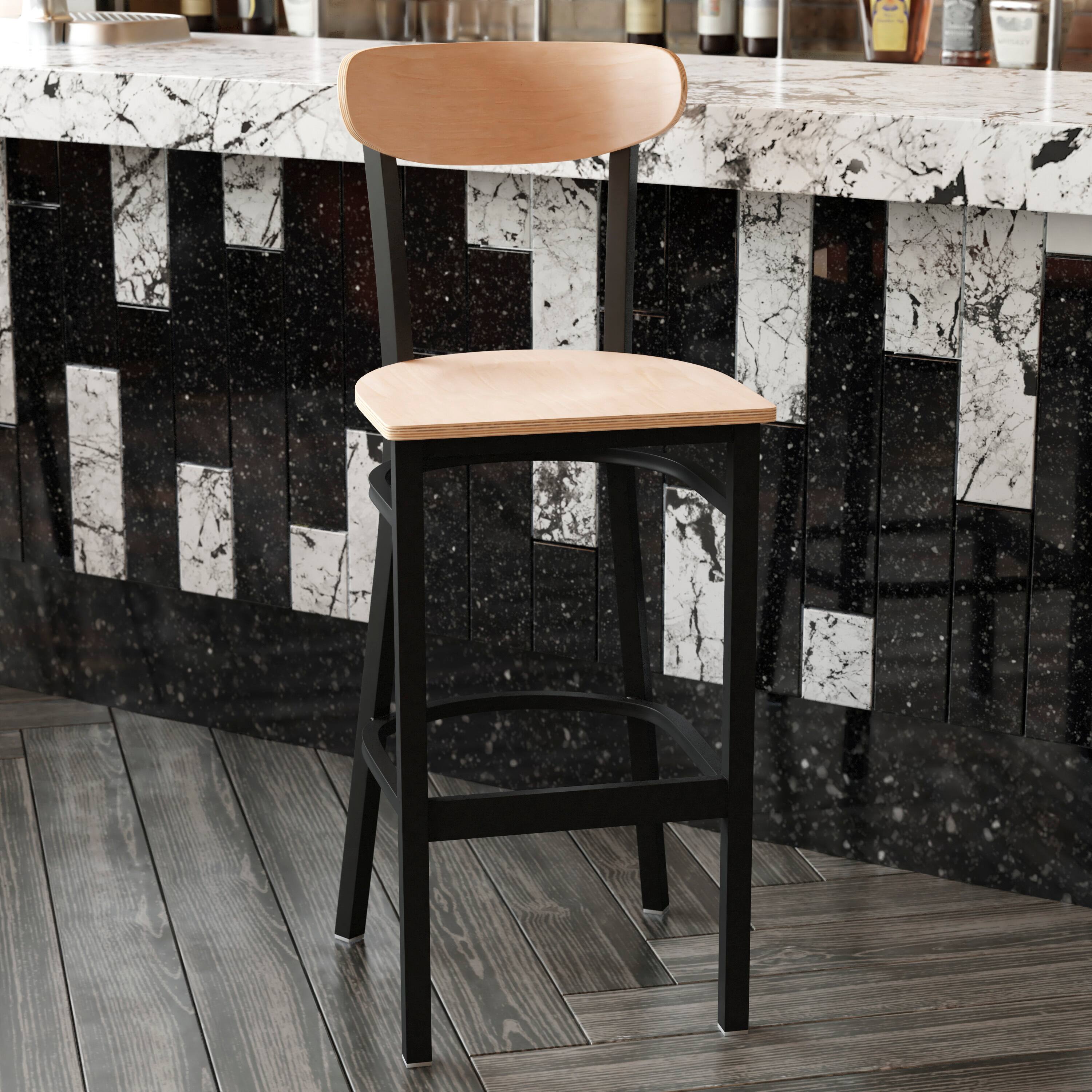 Angle. Flash Furniture - Wright Commercial Grade Barstool with 500 LB. Capacity Black Steel Frame, Solid Wood Seat, and Boomerang Back, Natural B - Natural.
