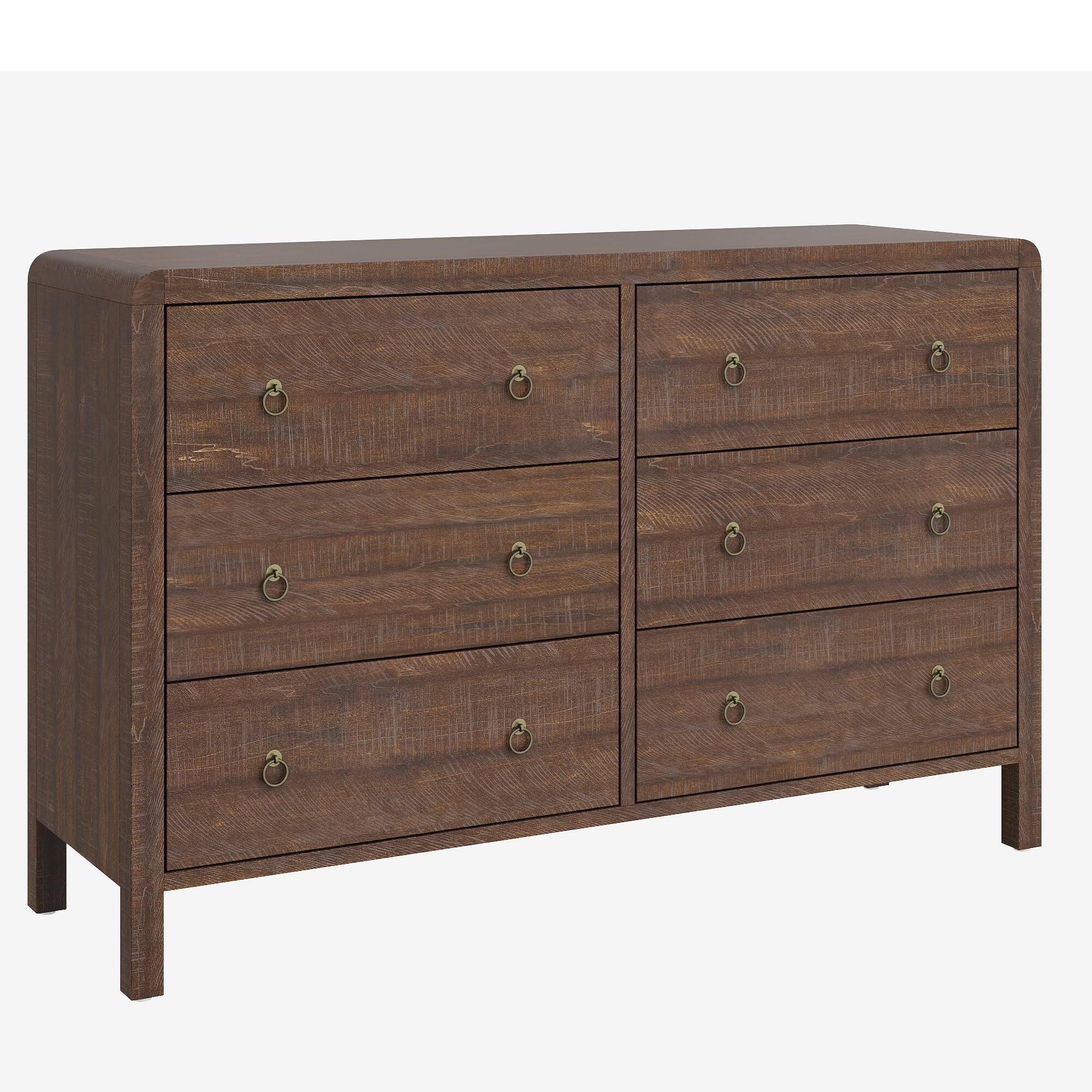 Front. Jojoka - 6 Drawer Dresser for Bedroom, Wood Dresser with Large Storage Drawers, Modern Curved Angle Clothes Organizer for Closet - Brownish Red.